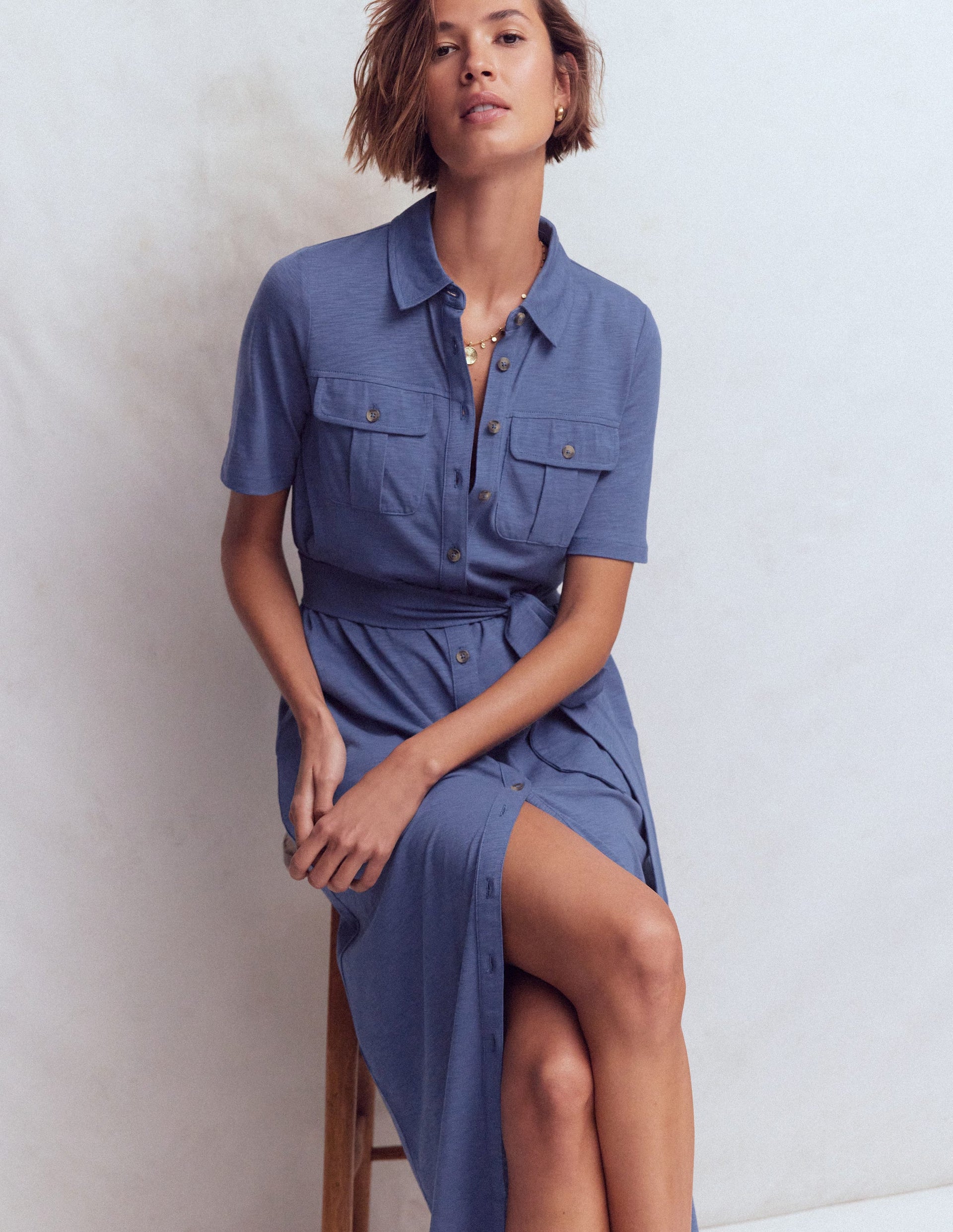 Boden Women's Mavis Midi Jersey Shirt Dress in Blue | Size 4 Boden Women's Mavis Midi Jersey Shirt Dress in Blue | Size 4