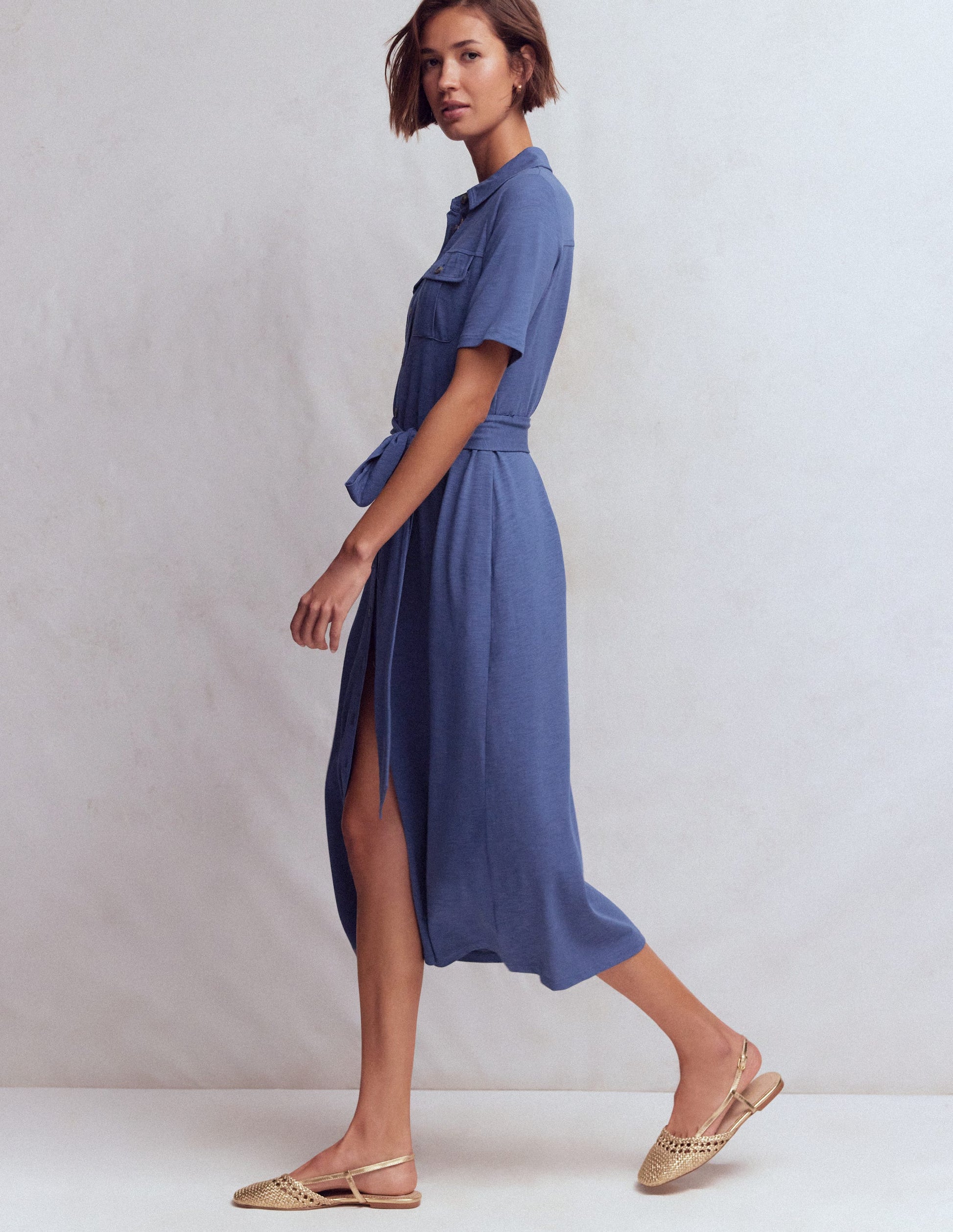 Boden Women's Mavis Midi Jersey Shirt Dress in Blue