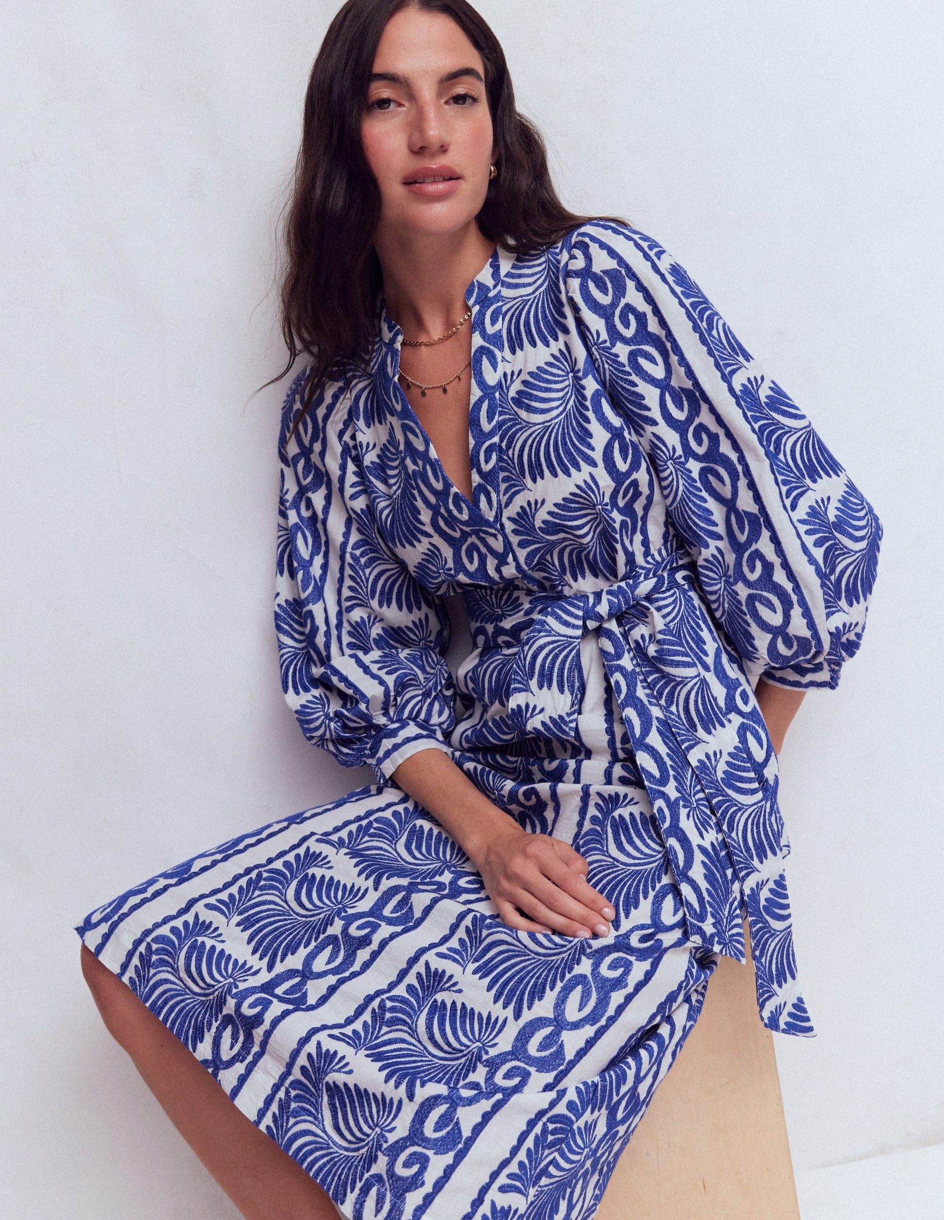 Octavia Cotton Dress-Blue Ivory Embroidery-3