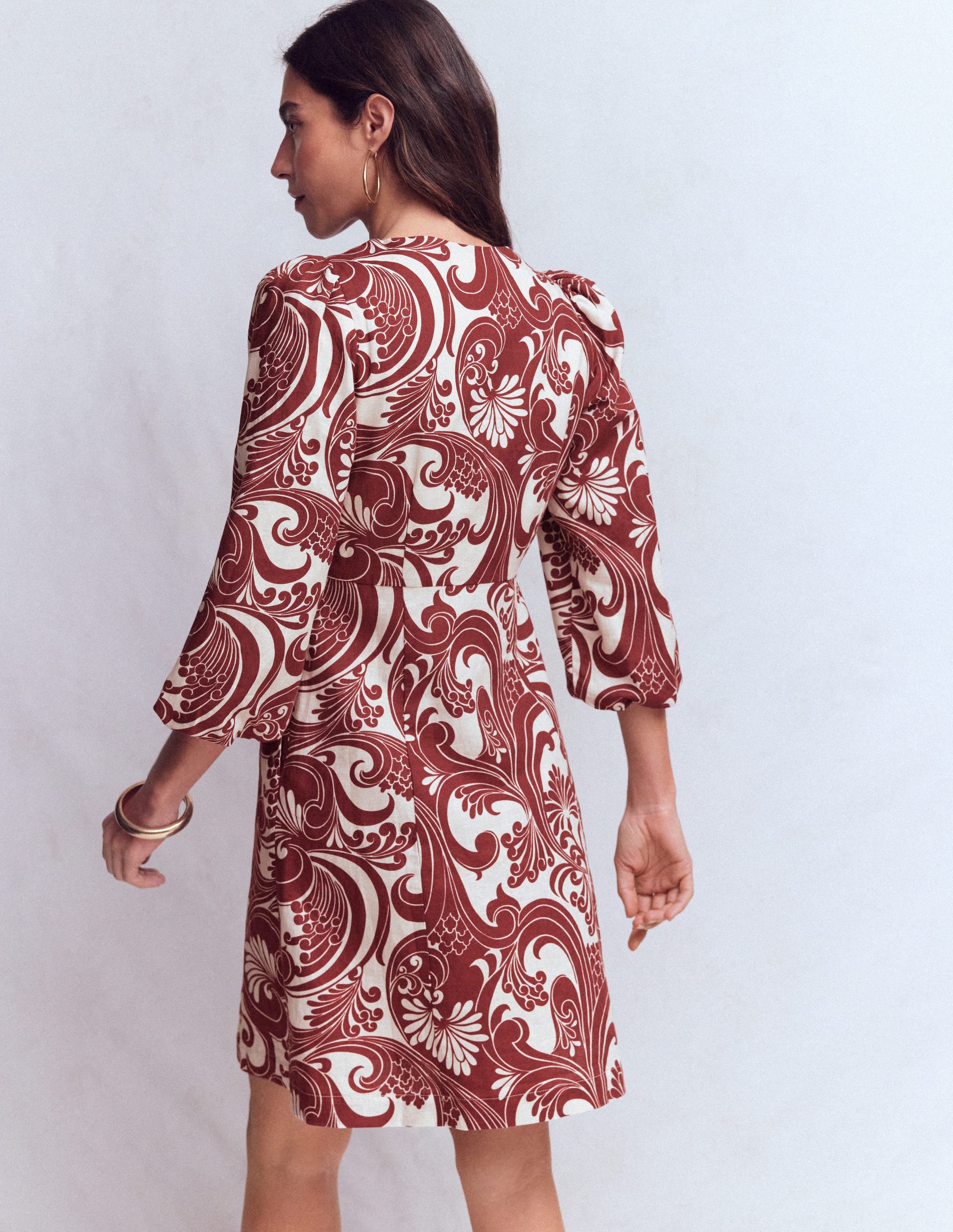Marla Linen Blend Short Dress-Brown, Foliage Whirl - Image 4