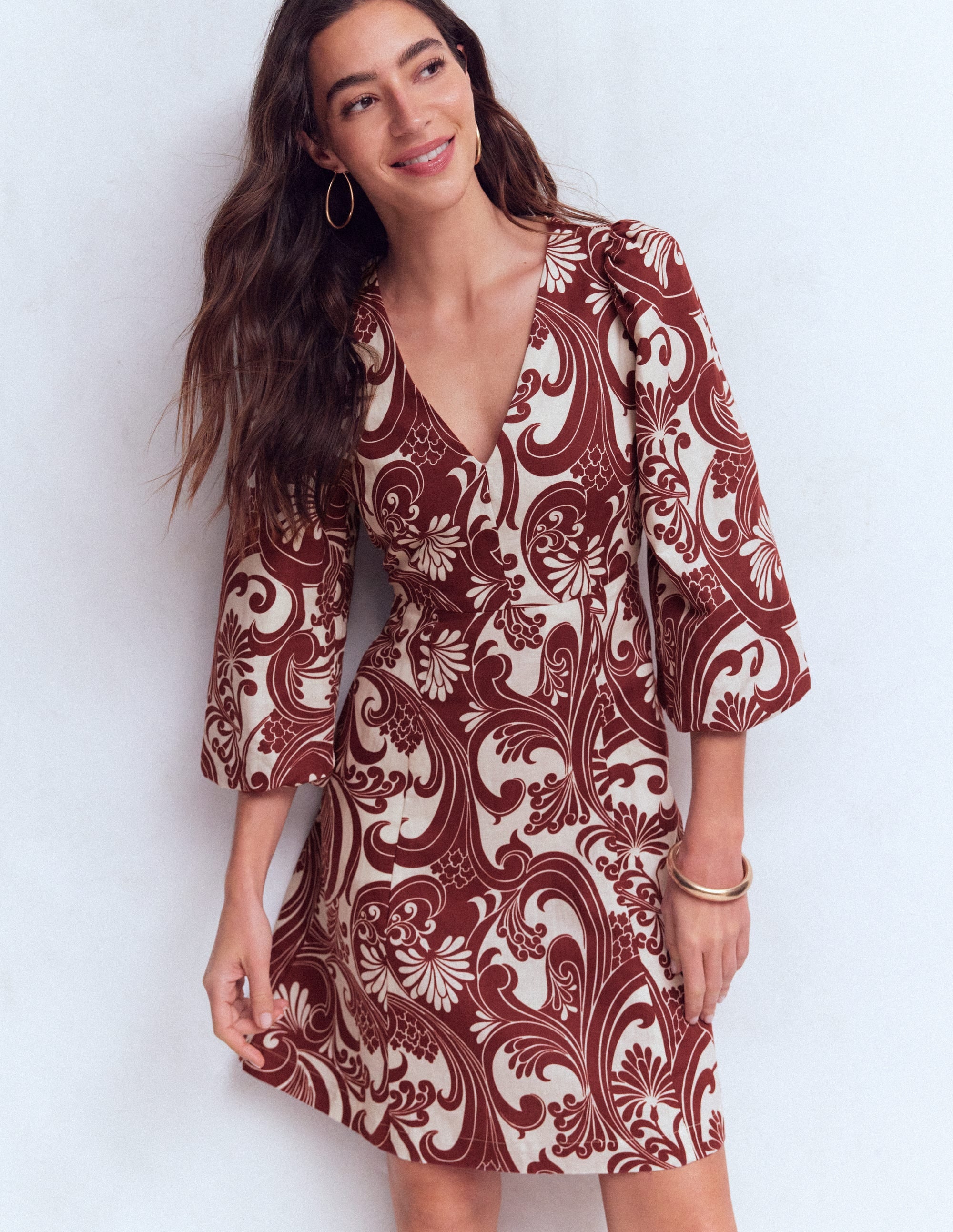 Marla Linen Blend Short Dress-Brown, Foliage Whirl - Image 6