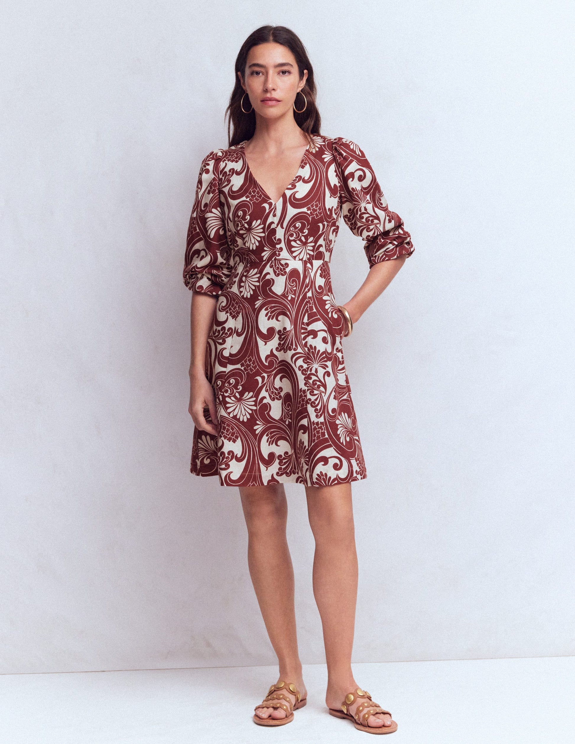 Marla Linen Blend Short Dress-Brown, Foliage Whirl-7