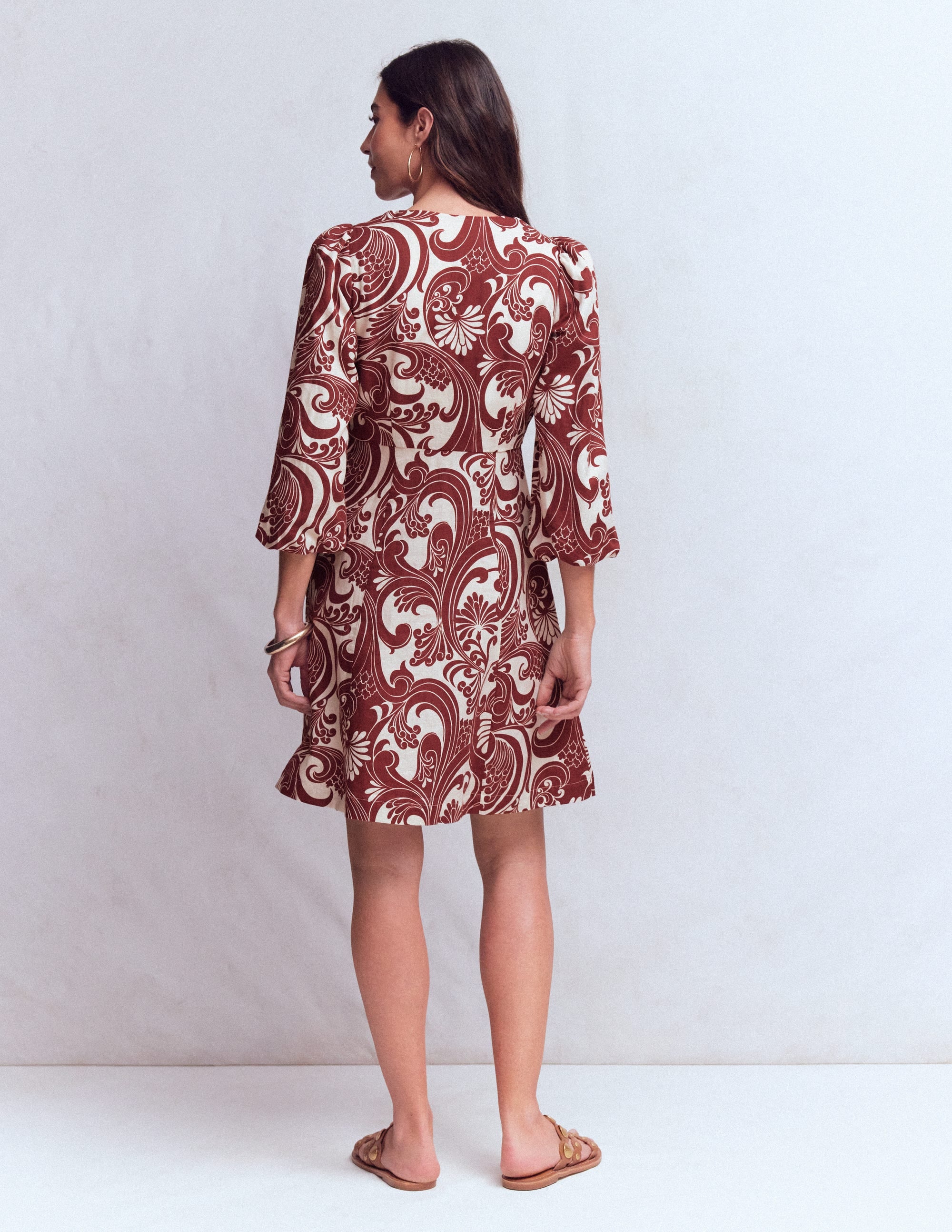 Marla Linen Blend Short Dress-Brown, Foliage Whirl - Image 8