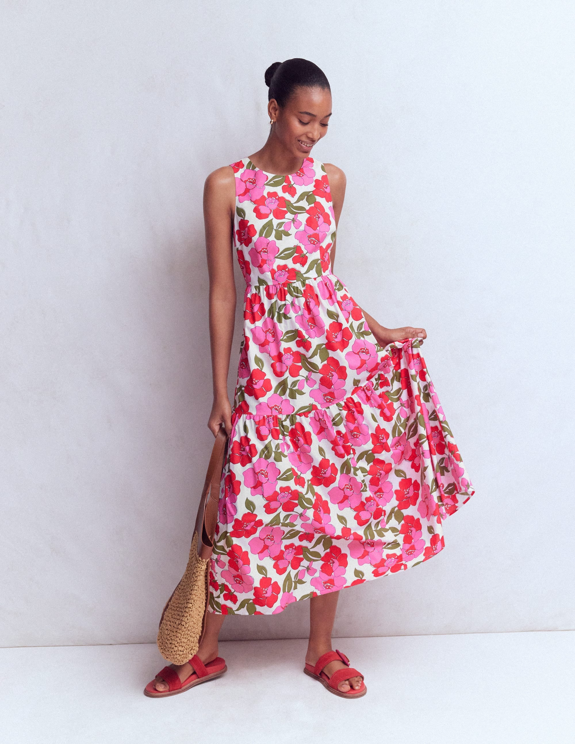 Sleeveless Poplin Dress-Red, Radiant Bloom - Image 7
