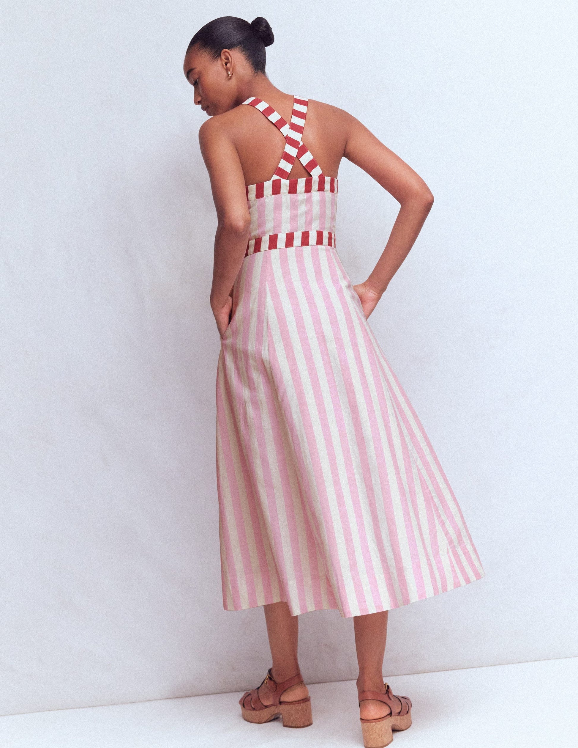 Cross-back Linen Blend Dress-Orchid Pink Stripe | Boden USA Cross-back Linen Blend Dress-Orchid Pink Stripe | Boden USA
