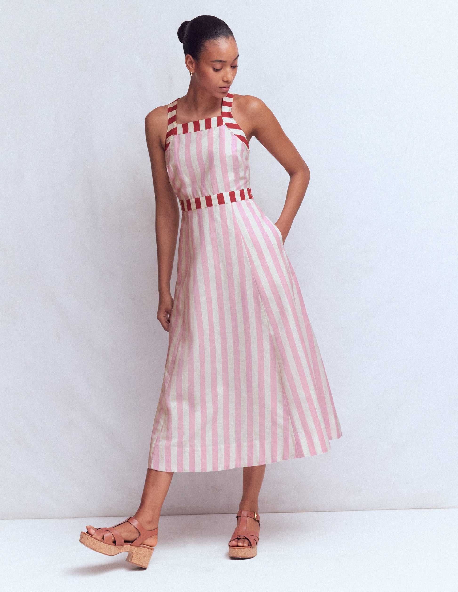 Cross-back Linen Blend Dress-Orchid Pink Stripe | Boden USA Cross-back Linen Blend Dress-Orchid Pink Stripe | Boden USA