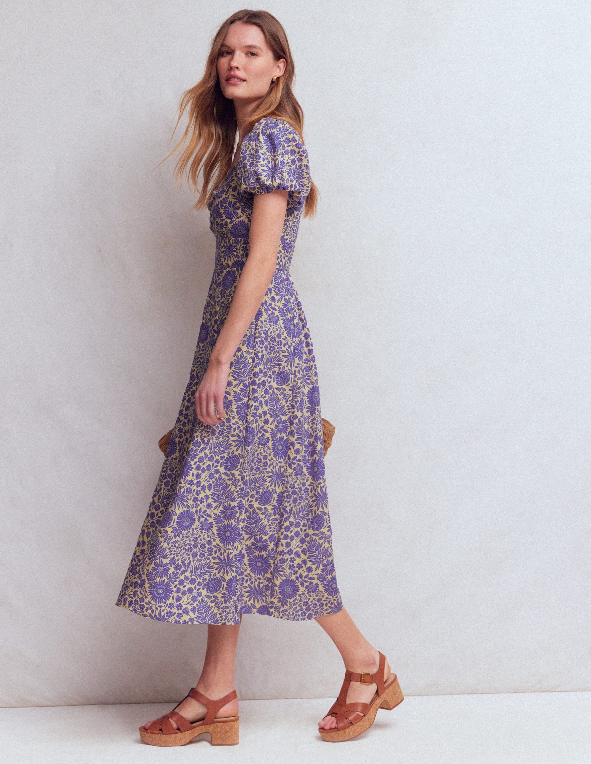 Twist Front Linen Blend Dress-Han Purple, Flowered Bloom-1