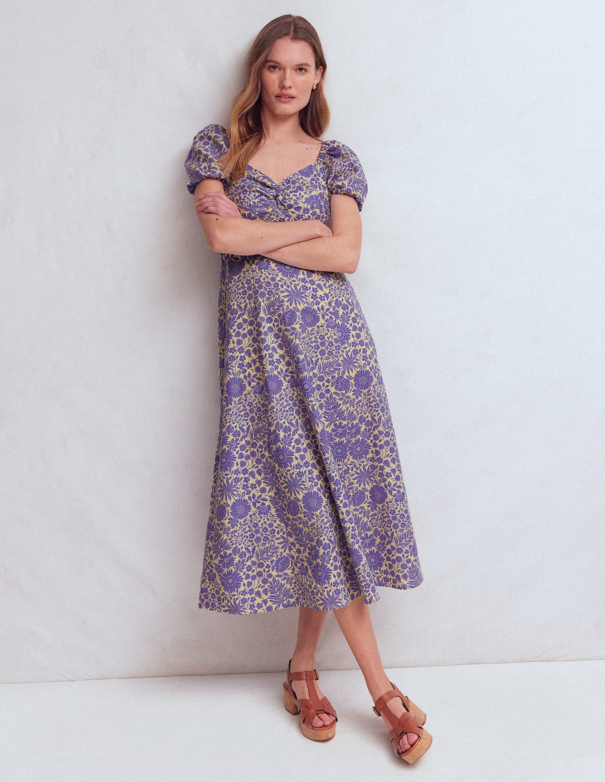 Twist Front Linen Blend Dress-Han Purple, Flowered Bloom-5