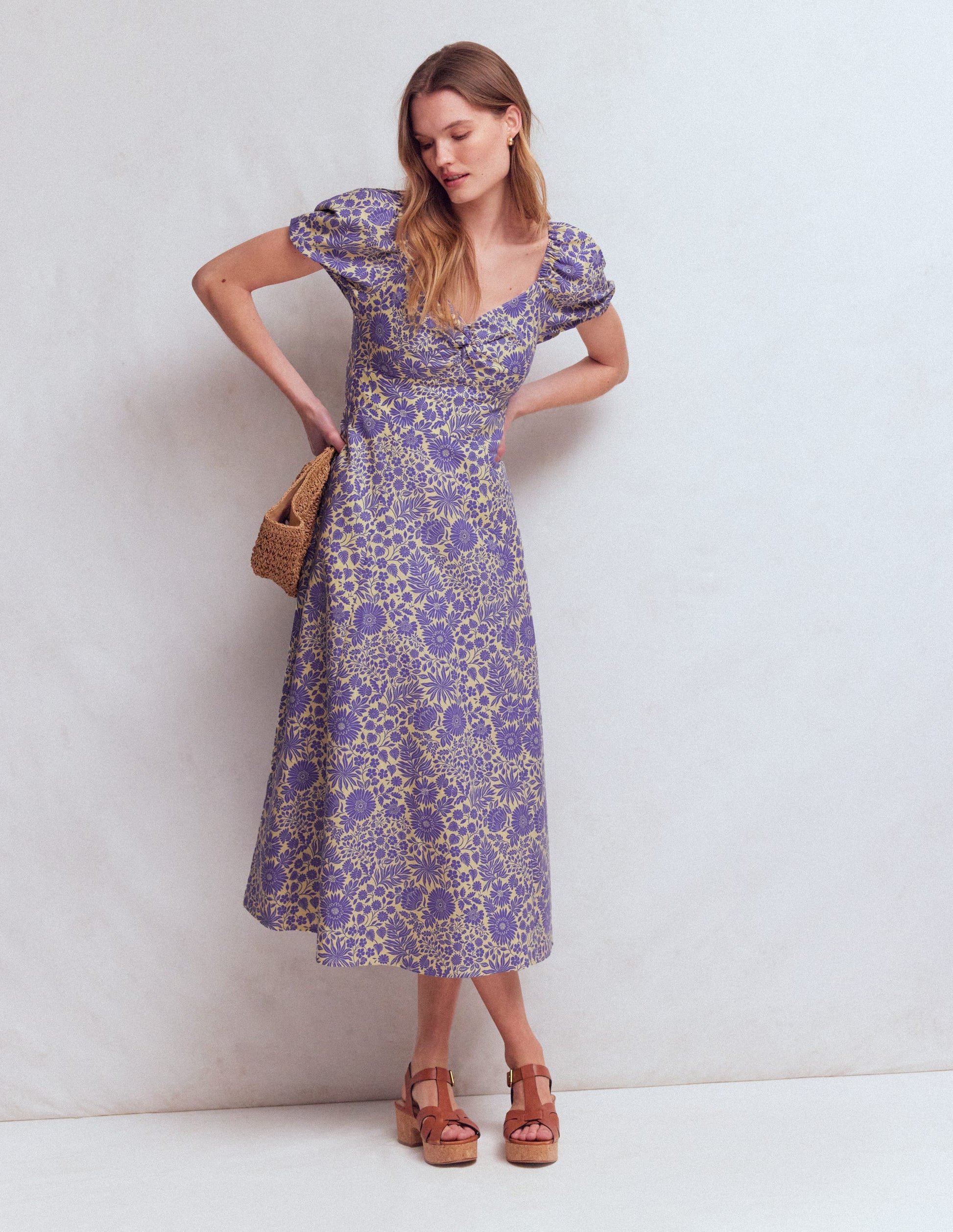 Twist Front Linen Blend Dress-Han Purple, Flowered Bloom-7