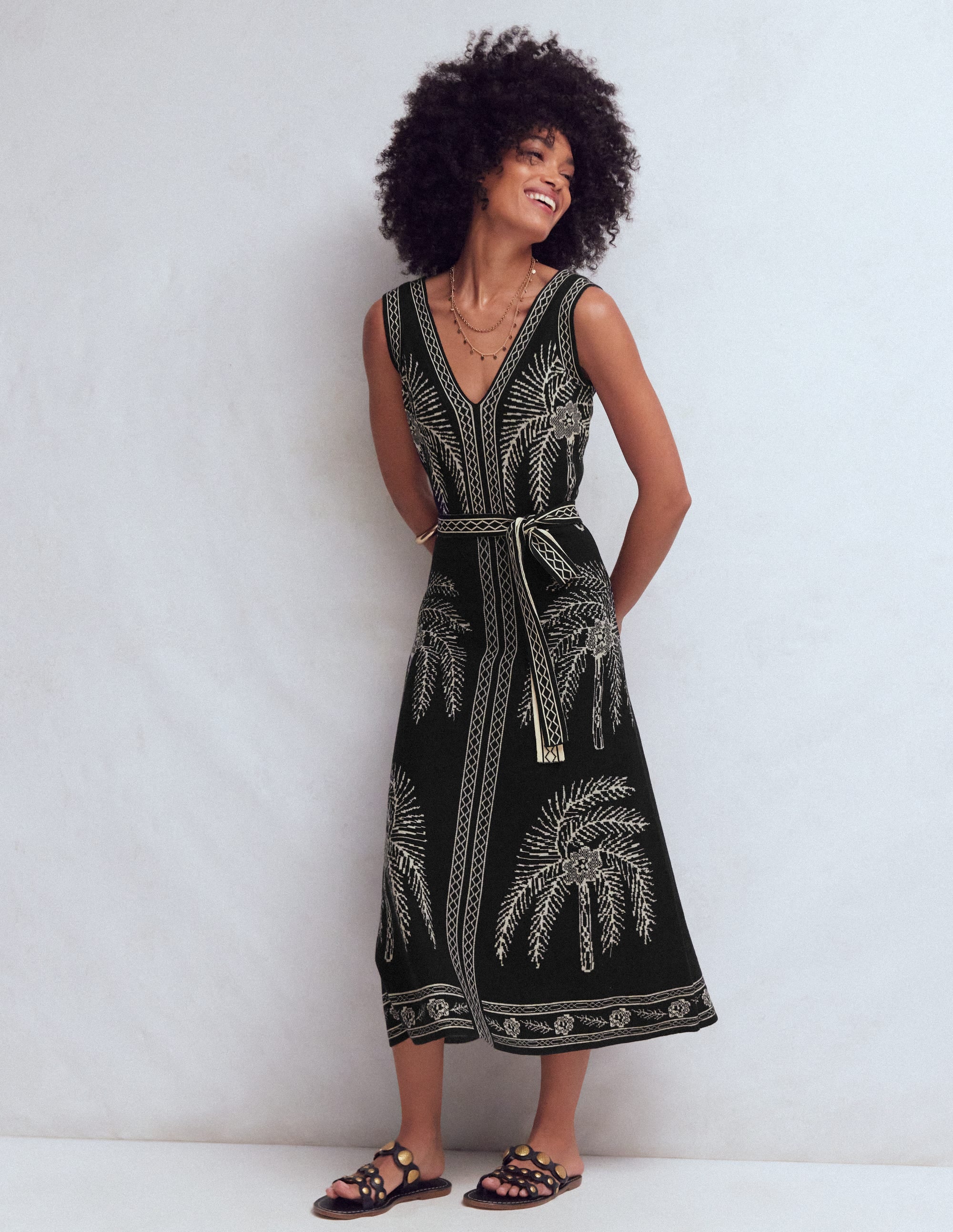 V Neck Jacquard Dress-Palm Jacquard | Boden USA