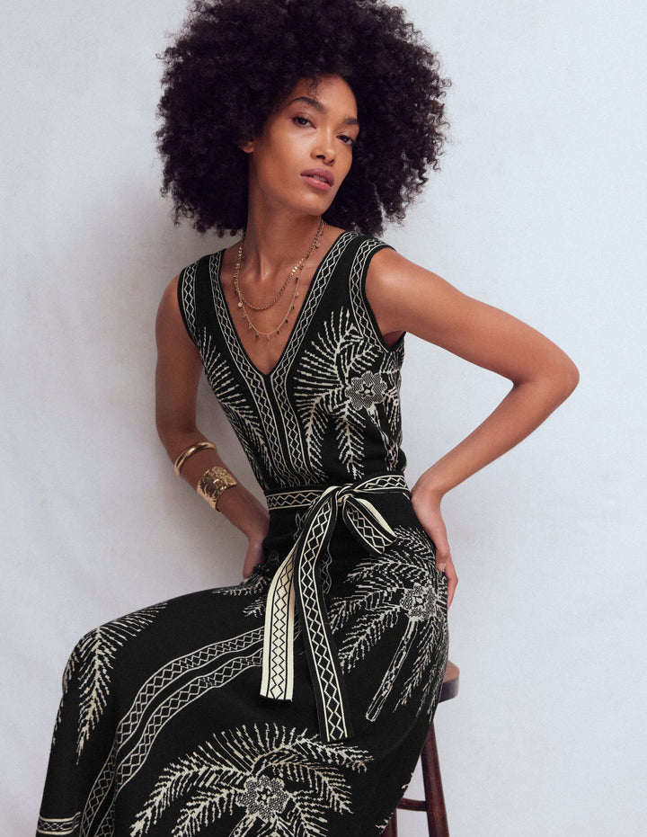 V Neck Jacquard Dress-Palm Jacquard