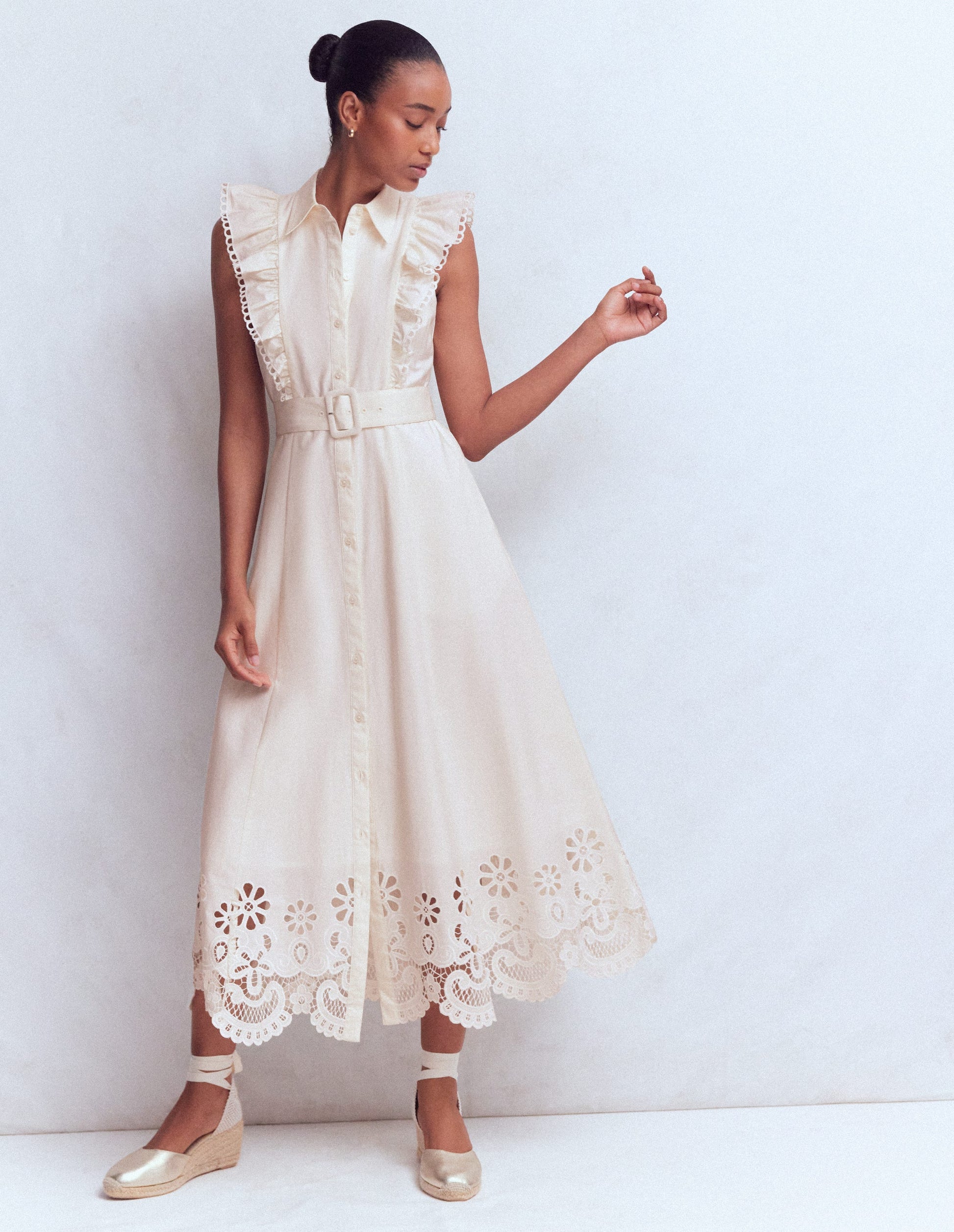 Ruffle Bodice Shirt Dress-White Broderie Trim | Boden USA Ruffle Bodice Shirt Dress-White Broderie Trim | Boden USA