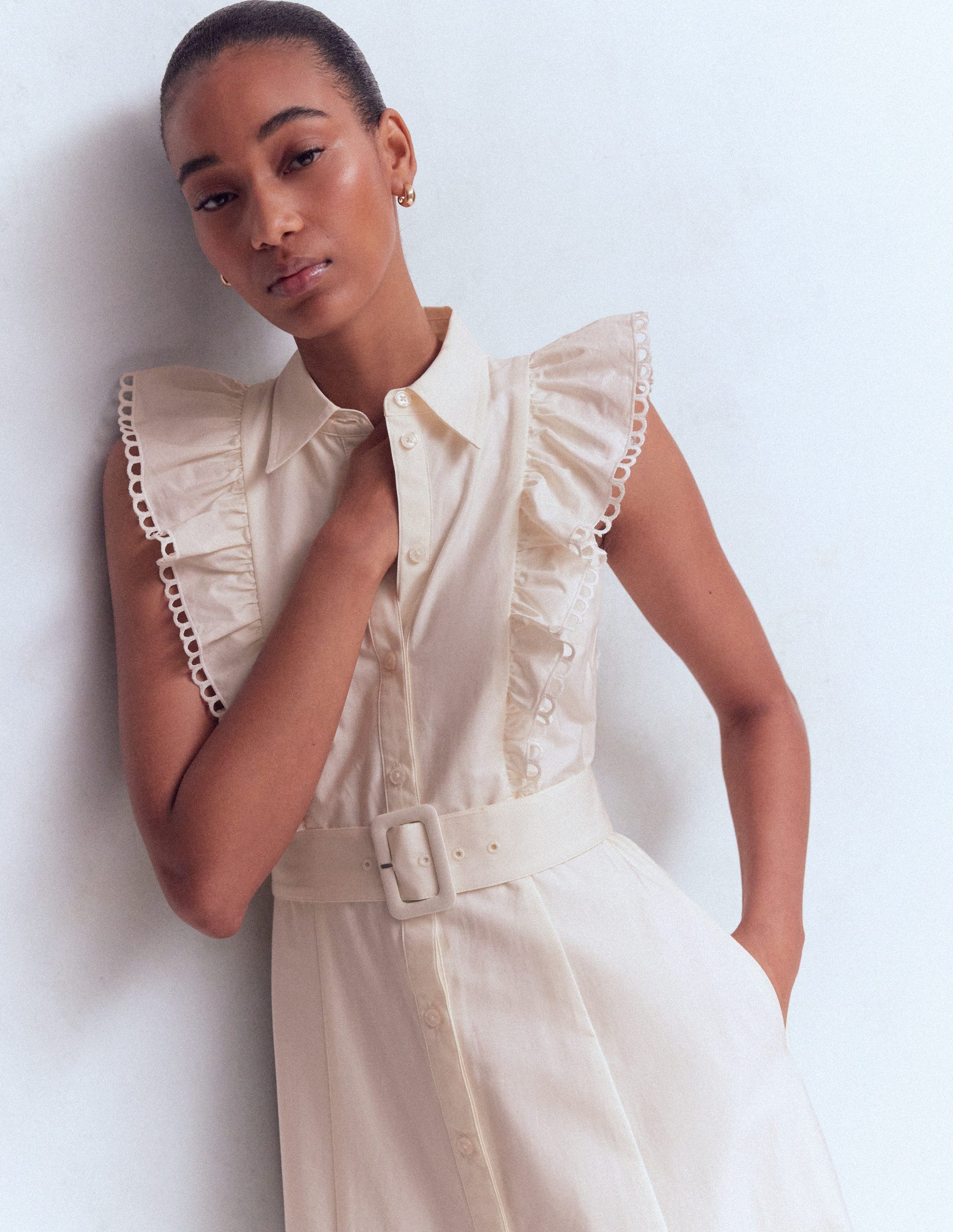 shirt collar dresses Ruffle Bodice Shirt Dress-White Broderie Trim