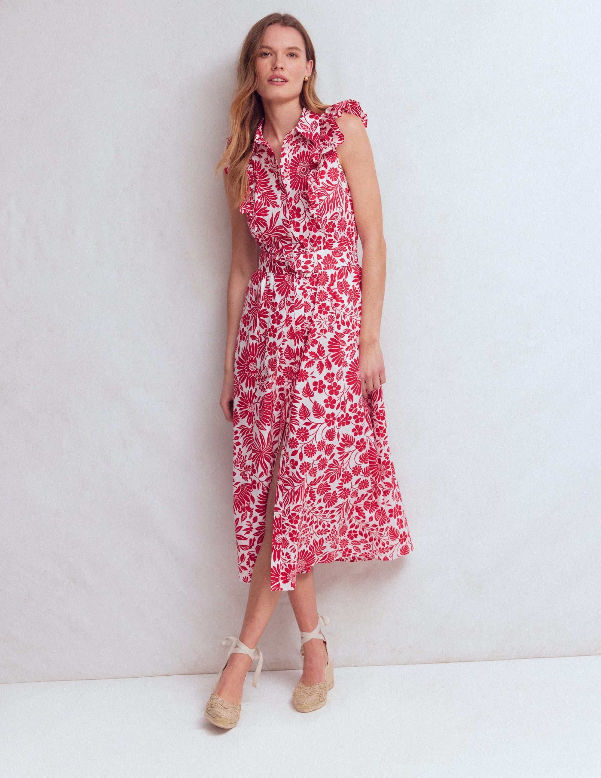Ruffle Bodice Shirt Dress-Merida Red, Flowerbed Bloom - Image 1