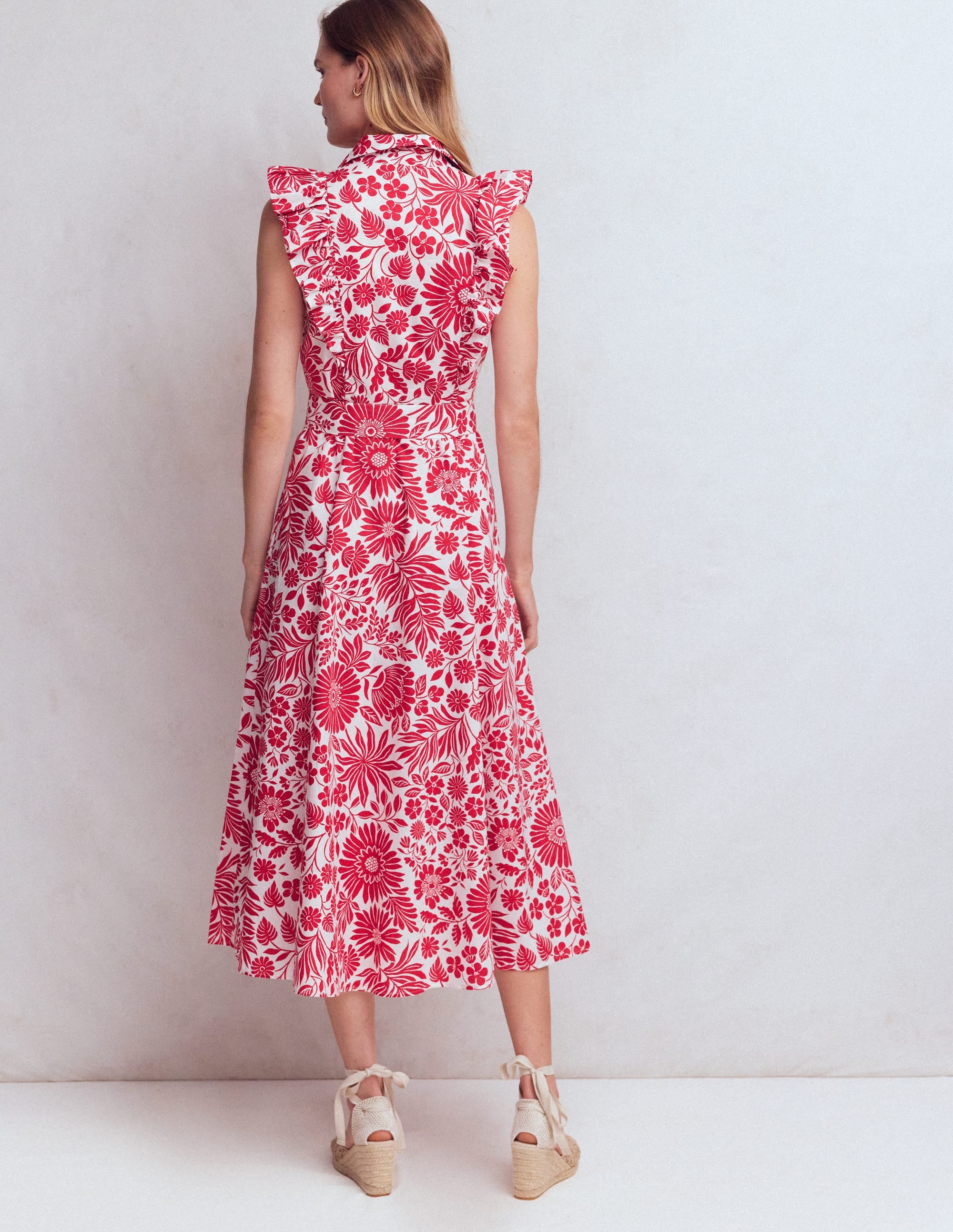 Ruffle Bodice Shirt Dress-Merida Red, Flowerbed Bloom - Image 3
