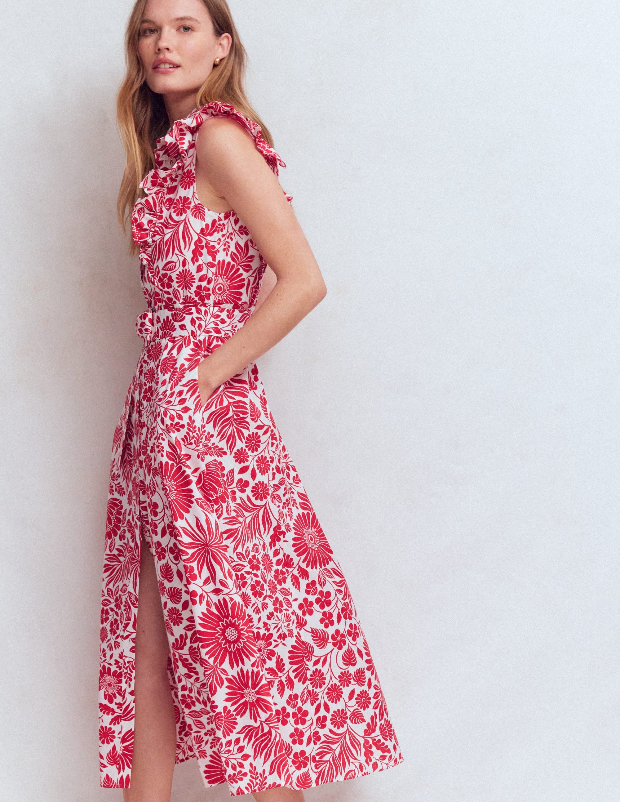 Ruffle Bodice Shirt Dress-Merida Red, Flowerbed Bloom - Image 4