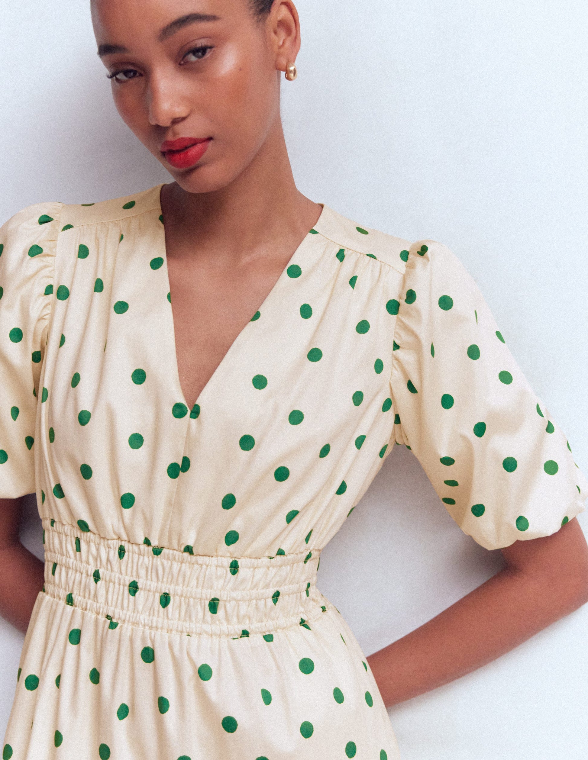 Irene Puff Sleeve Cotton Dress-Ivory Green Spot