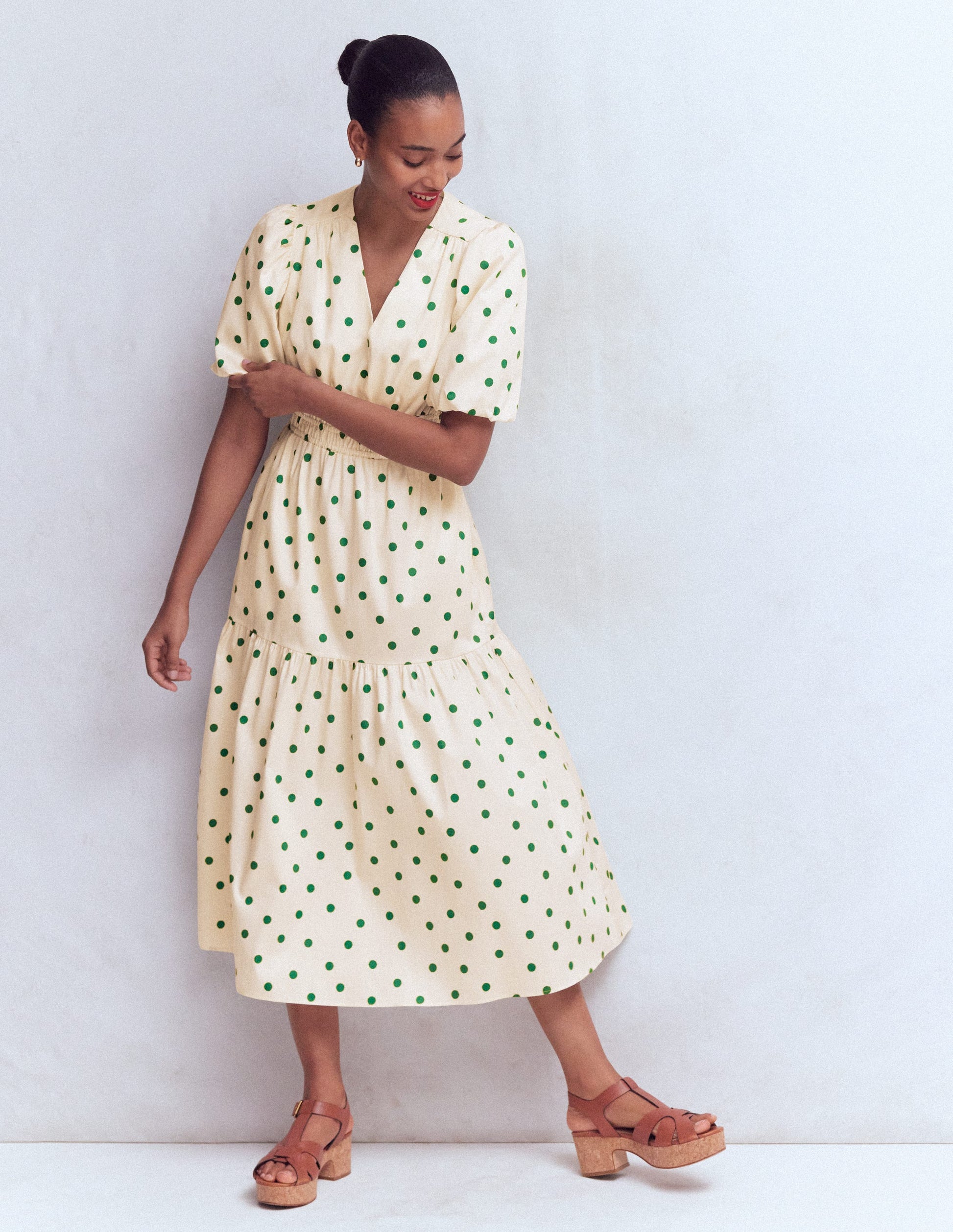 Irene Puff Sleeve Cotton Dress-Ivory Green Spot