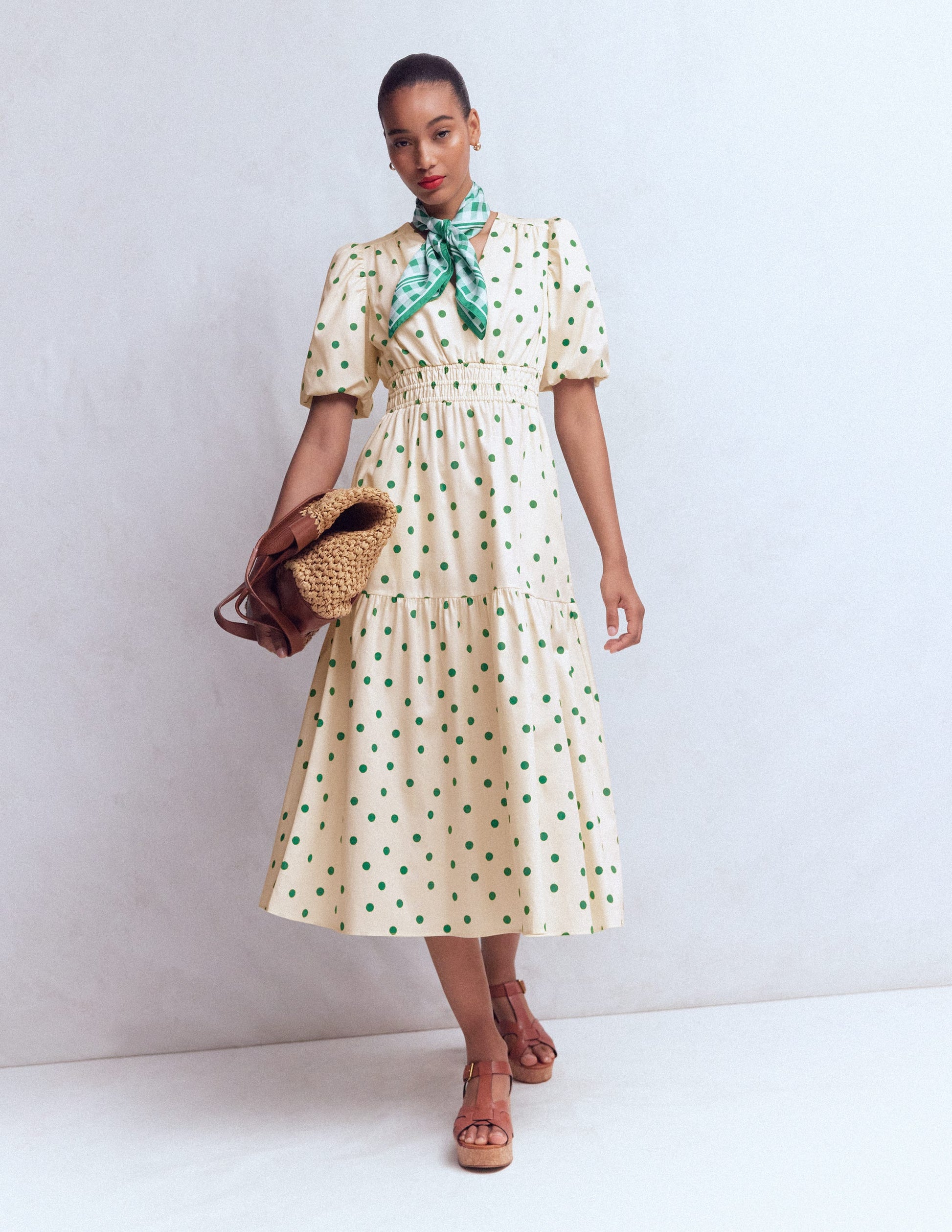 Irene Puff Sleeve Cotton Dress-Ivory Green Spot | Boden USA