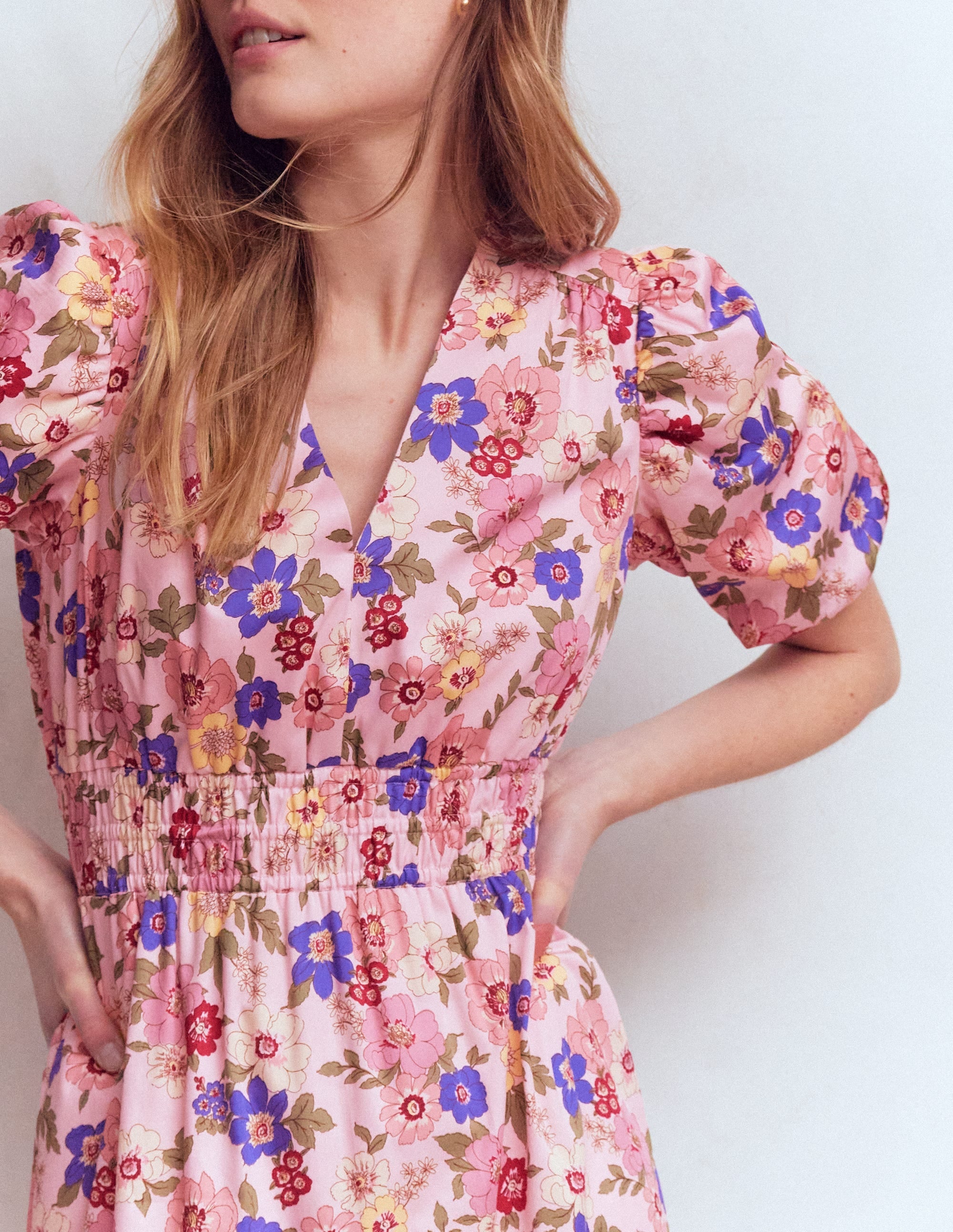 Irene Puff Sleeve Cotton Dress - Pink, Blossomy Garden