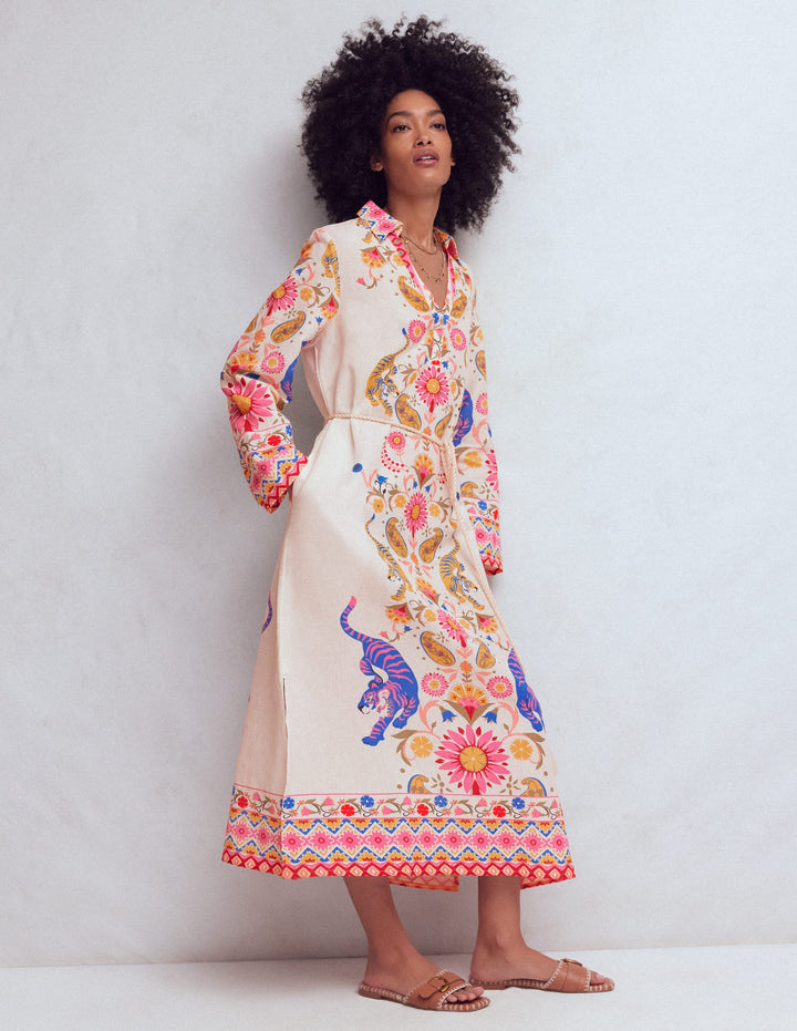 Notch Collar Linen Blend Tunic-Multi Tiger Tapestry