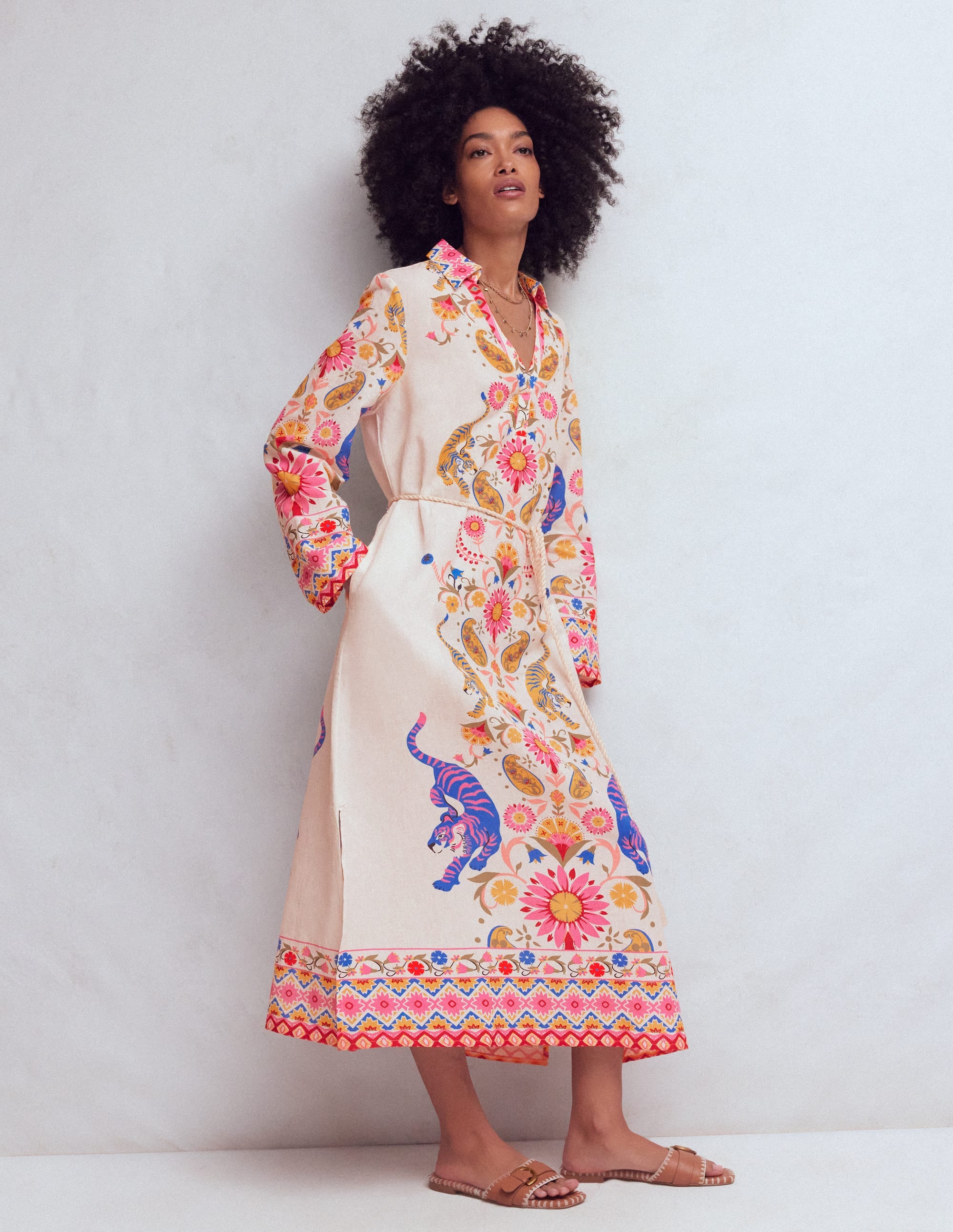 Notch Collar Linen Blend Tunic-Multi Tiger Tapestry - Image 1