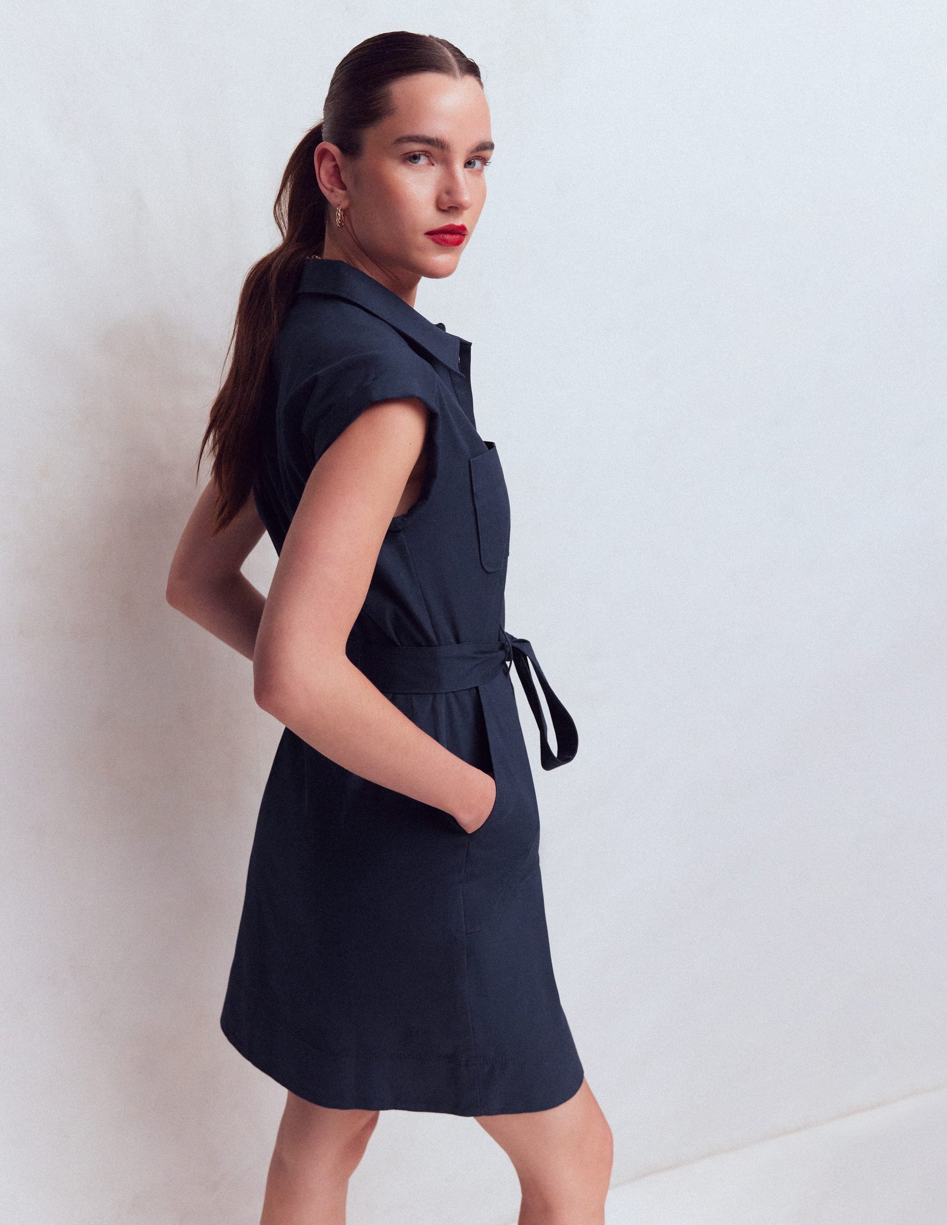 Short Belted Shirt Dress-Navy-3