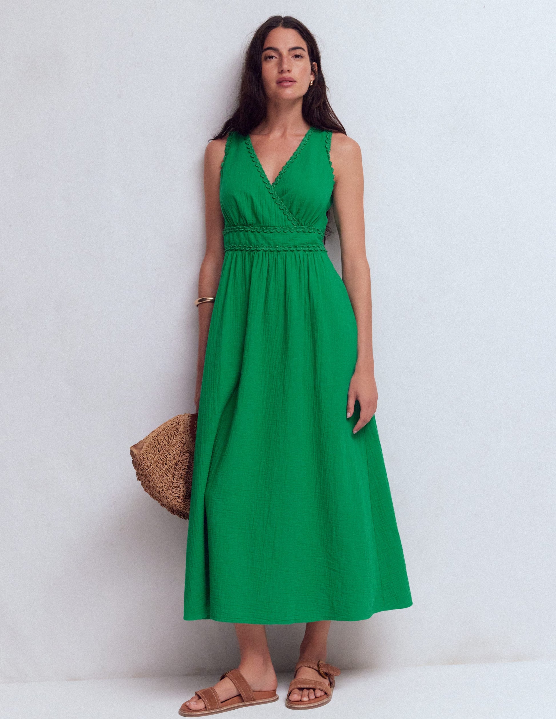 Boden Women's Lorna Trim Double Cloth Dress in Green | Size 12