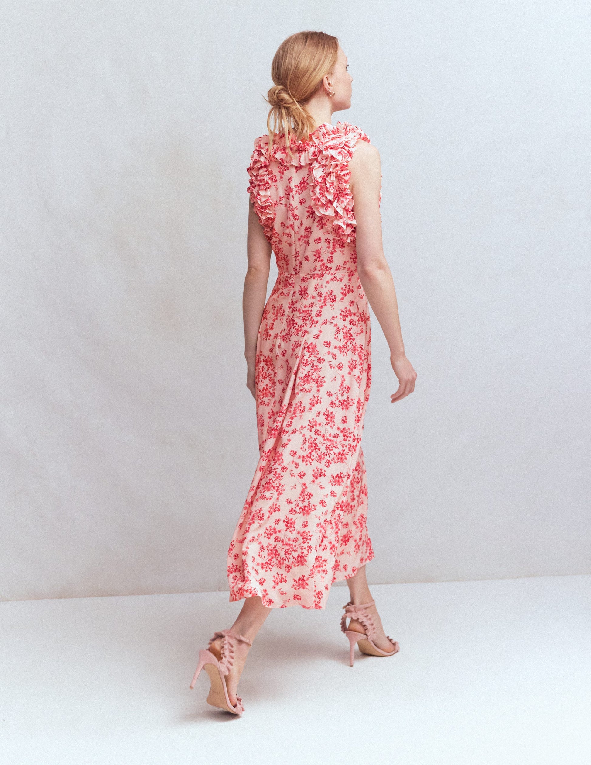 Ruffle Silk Midi Dress-Pink Bloom Scatter Mono | Boden USA Ruffle Silk Midi Dress-Pink Bloom Scatter Mono | Boden USA