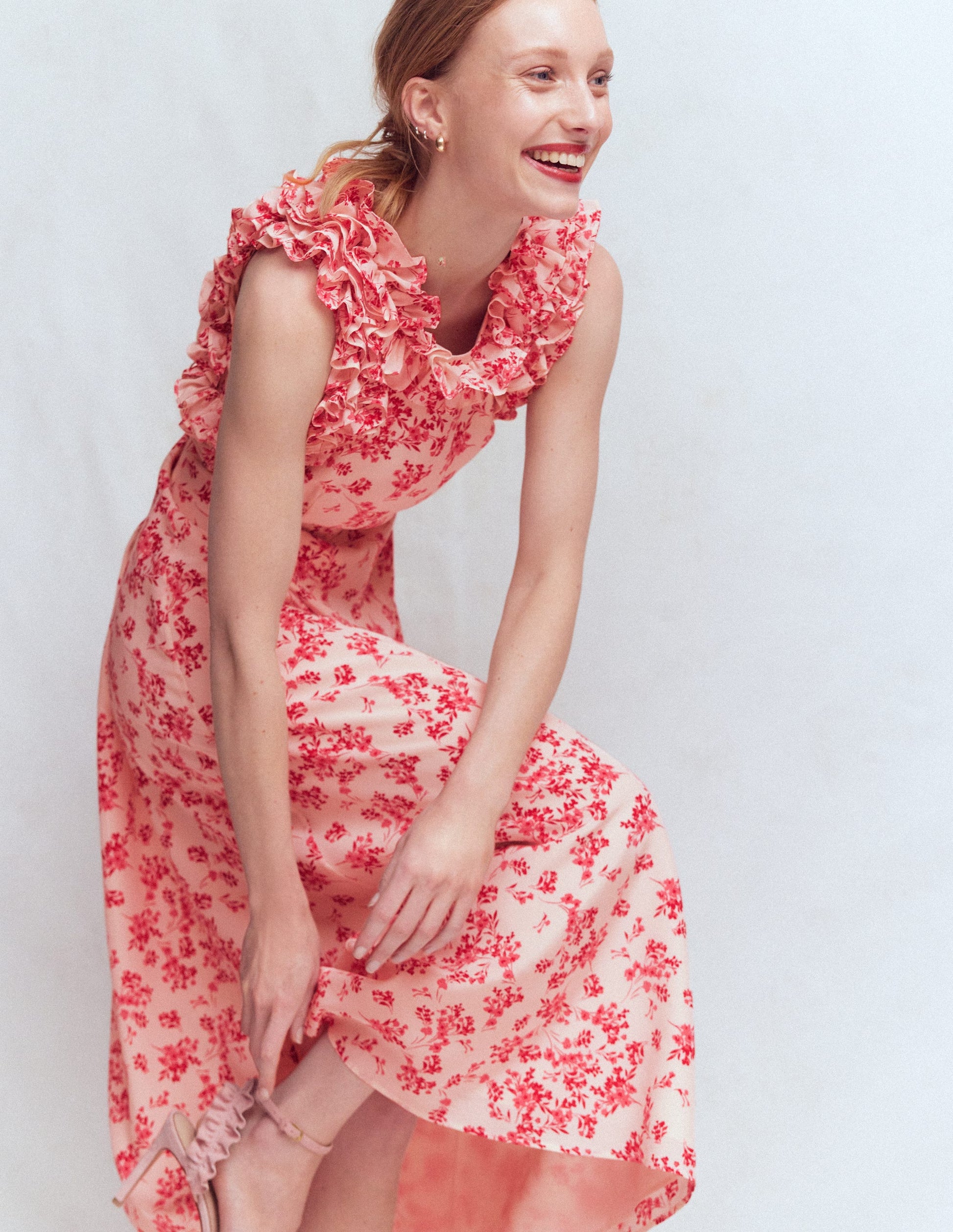 open lace back dress Ruffle Silk Midi Dress-Pink Bloom Scatter Mono