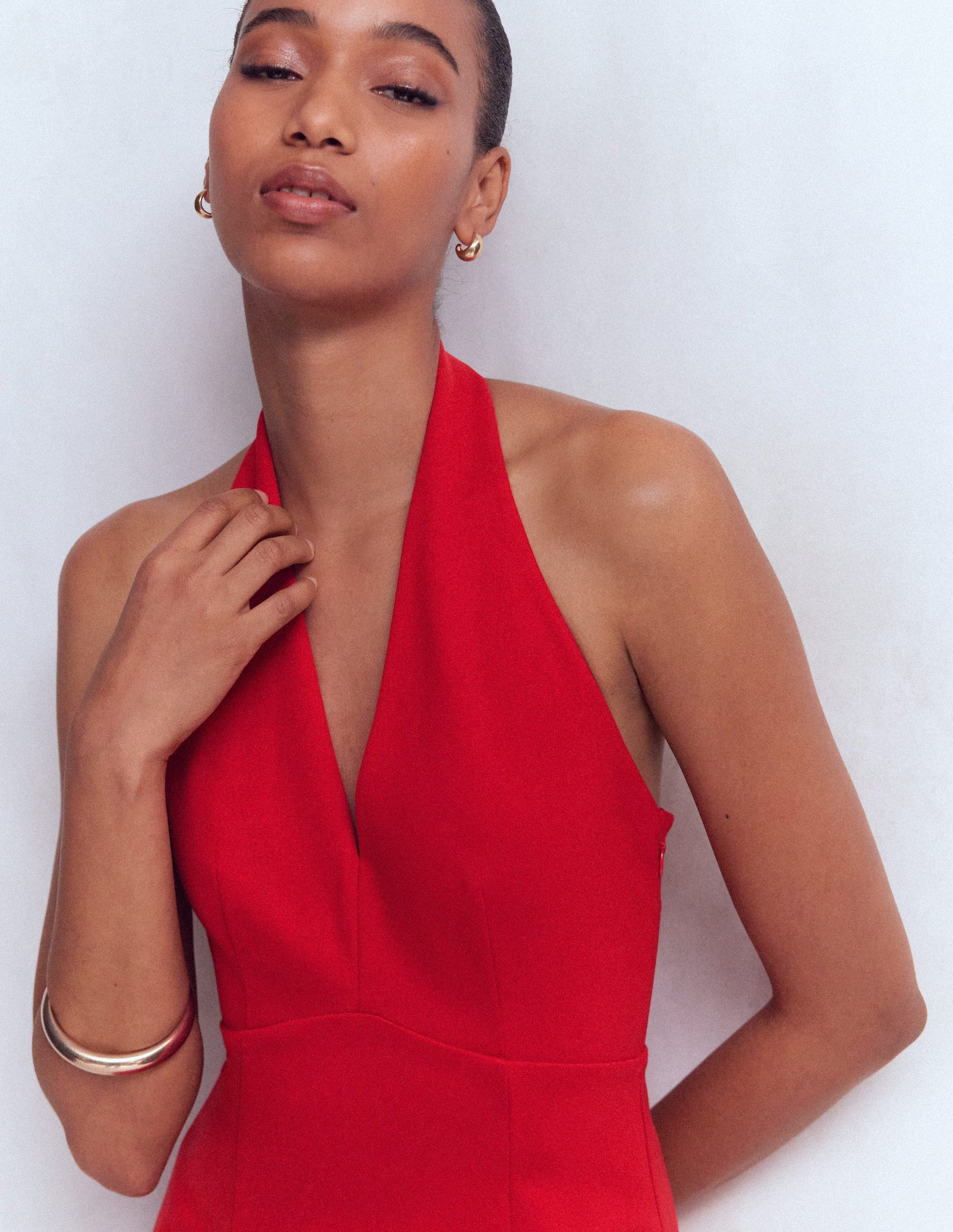Halter Neck Jersey Maxi Dress-Red