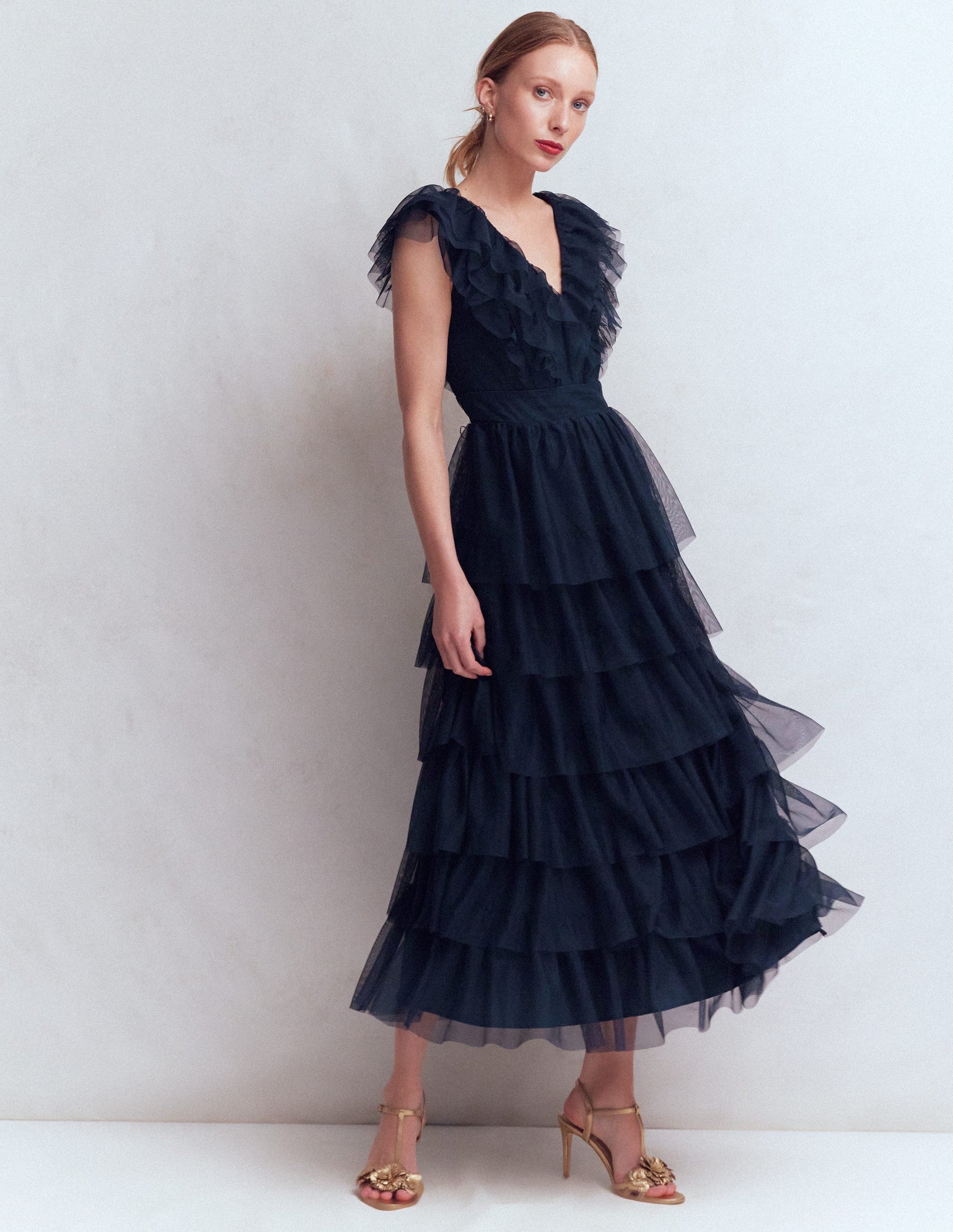 Ruffle Tulle Tiered Dress-Navy-3
