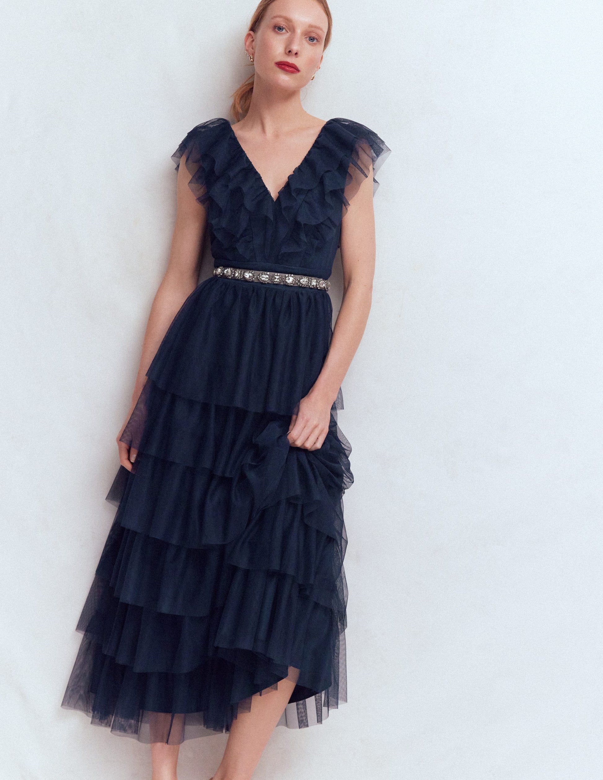 Ruffle Tulle Tiered Dress-Navy-7