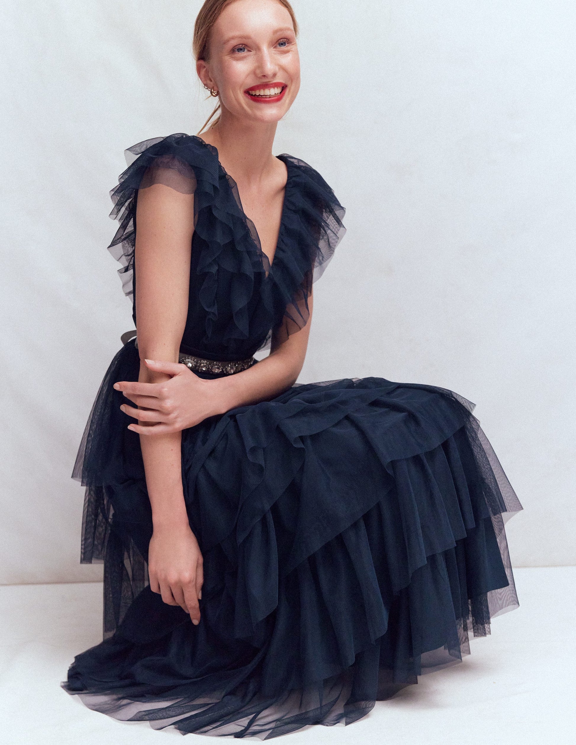 Ruffle Tulle Tiered Dress-Navy-8