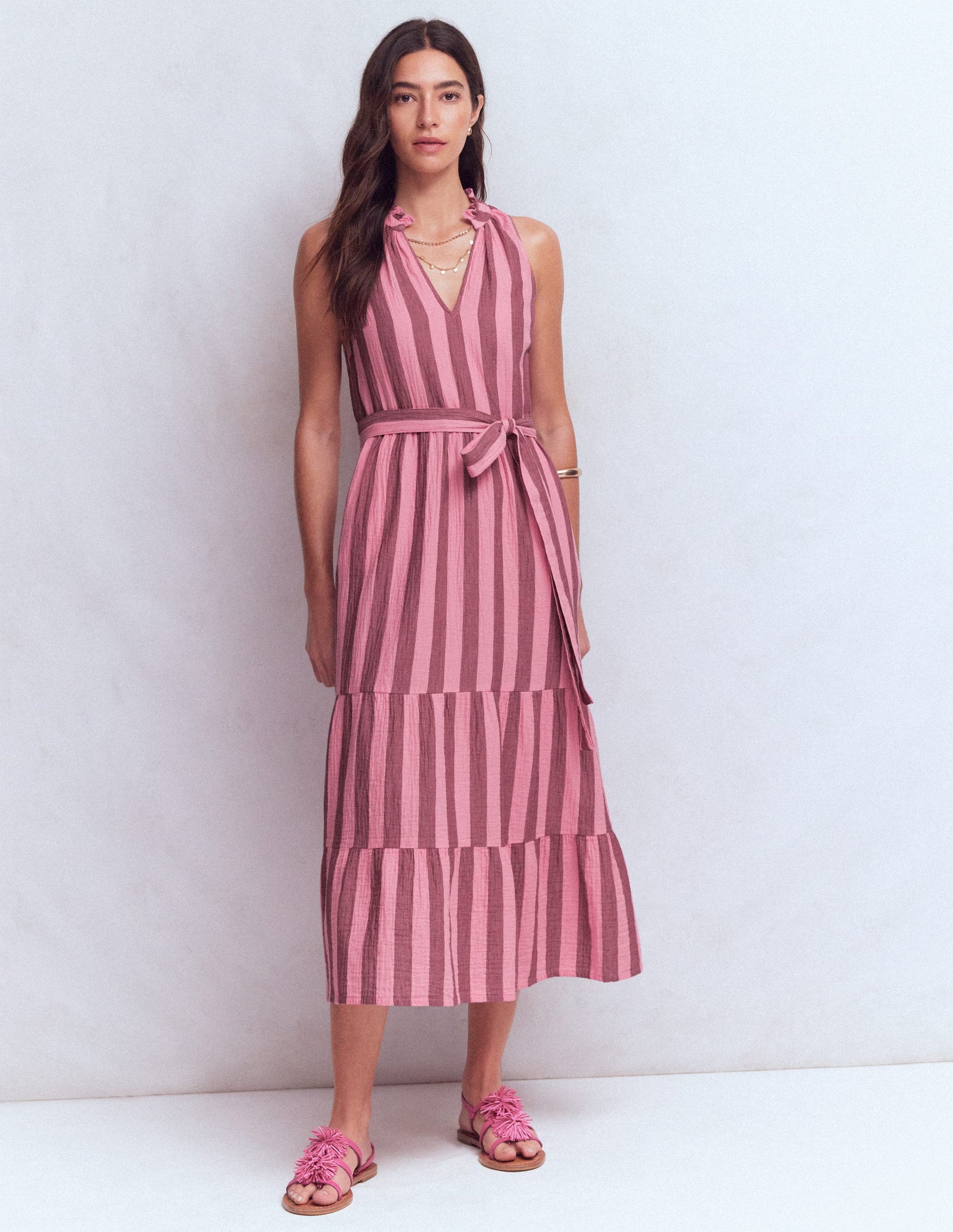 Viv Double Cloth Maxi Dress - Brown Pink Stripe