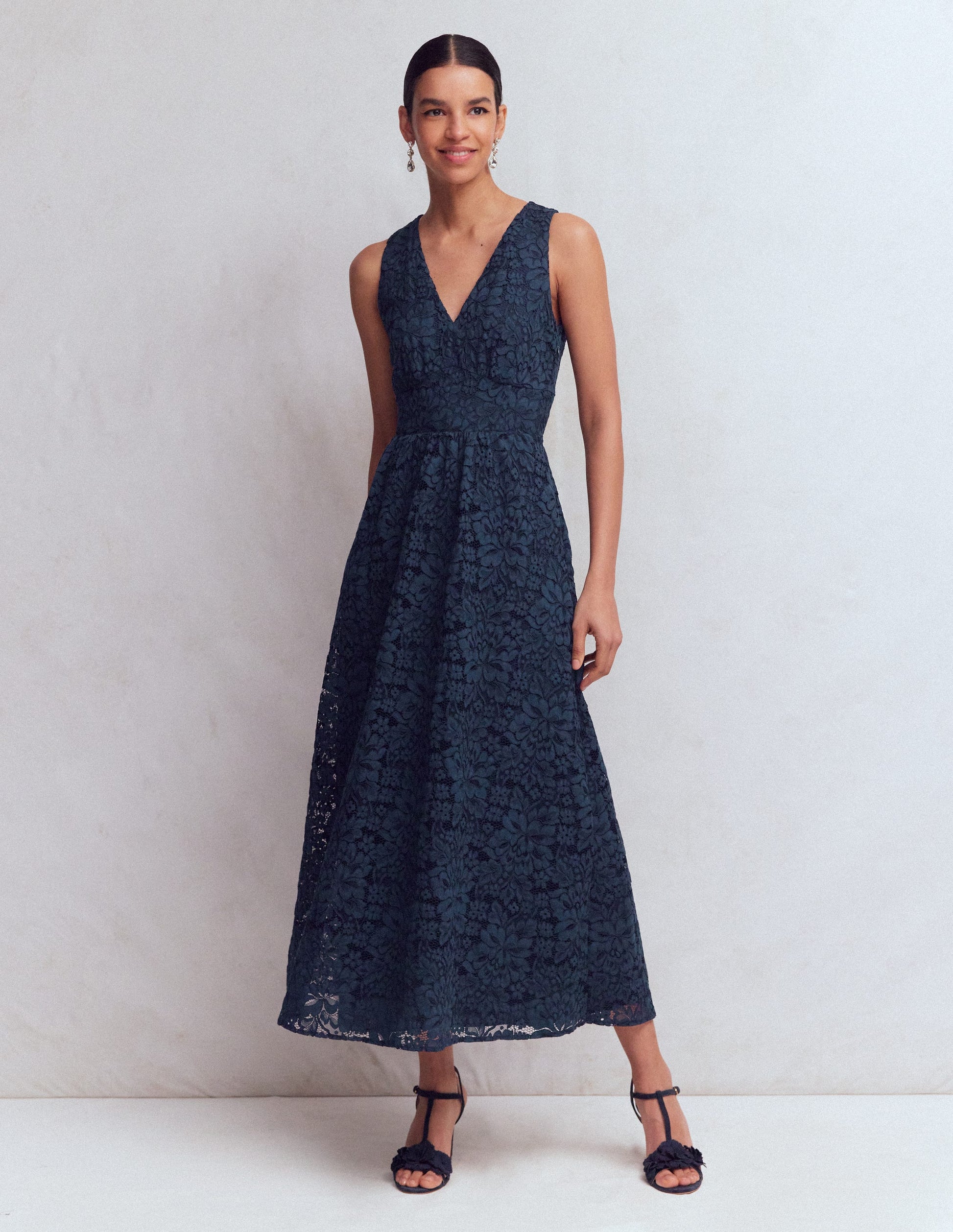 Lace Plunge Neck Panel Dress-Navy