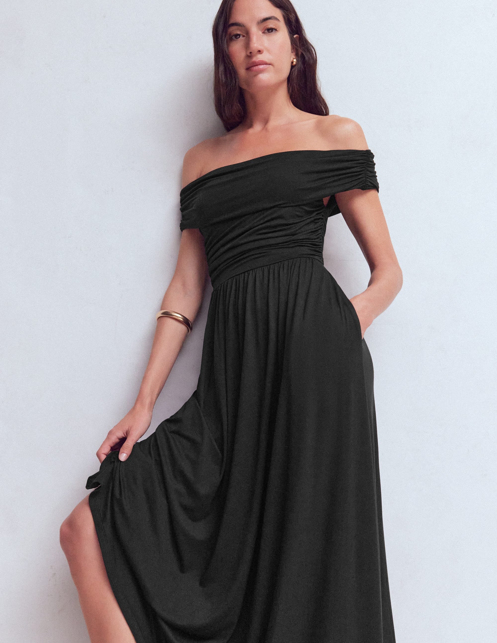 Ruched Bardot Maxi Dress-Black - Image 1