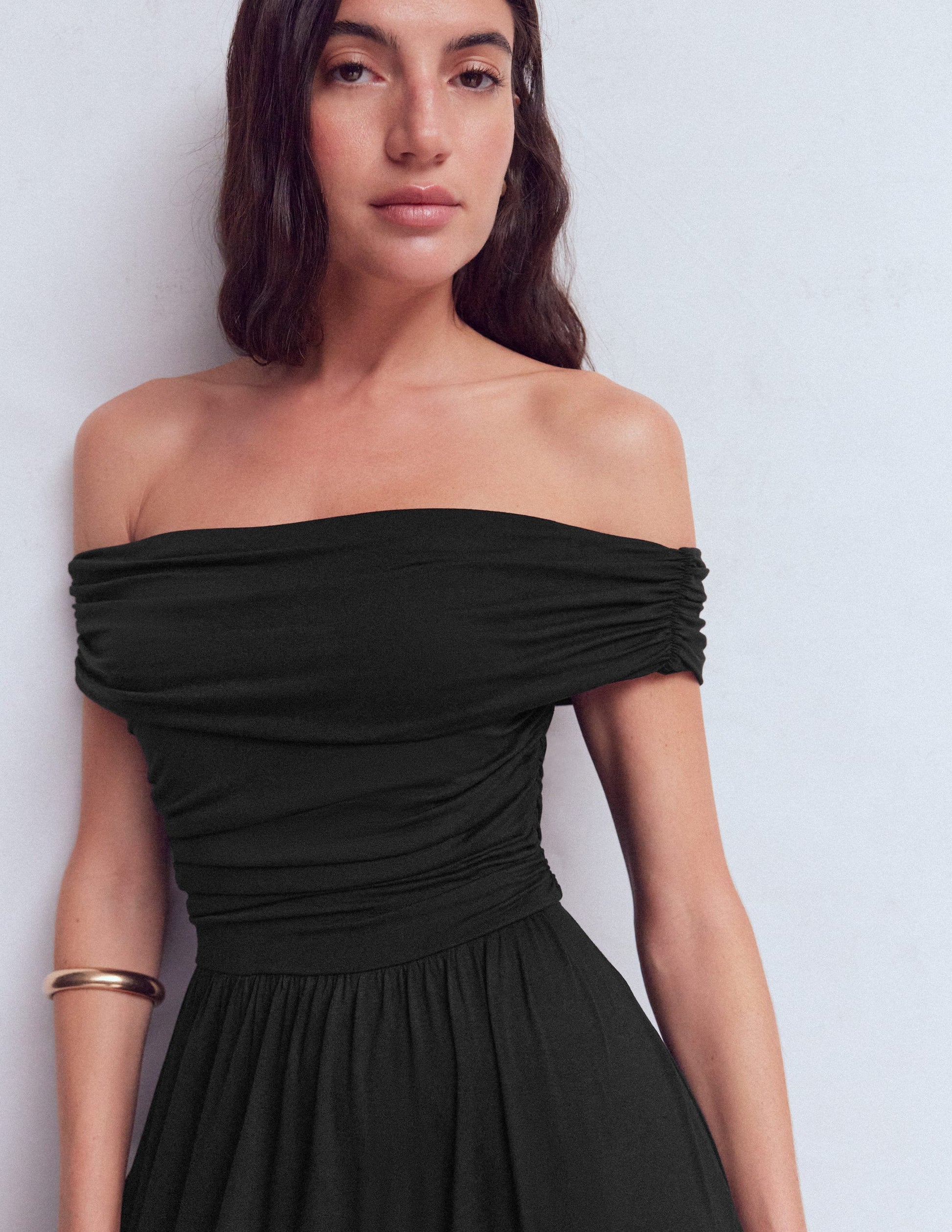 Boden Women's Ruched Bardot Jersey Dress in Black | Size 14 Boden Women's Ruched Bardot Jersey Dress in Black | Size 14