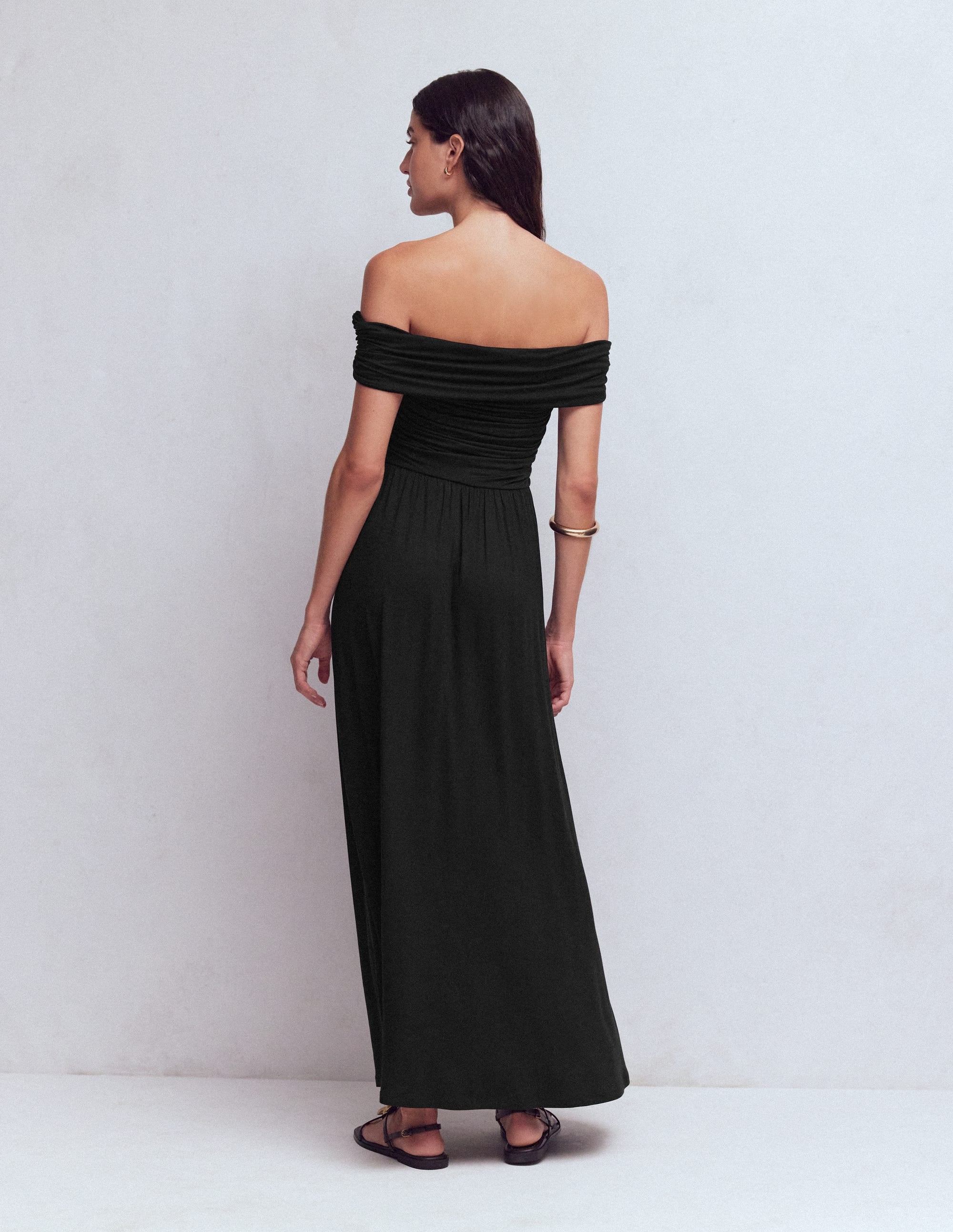 Ruched Bardot Maxi Dress-Black - Image 3