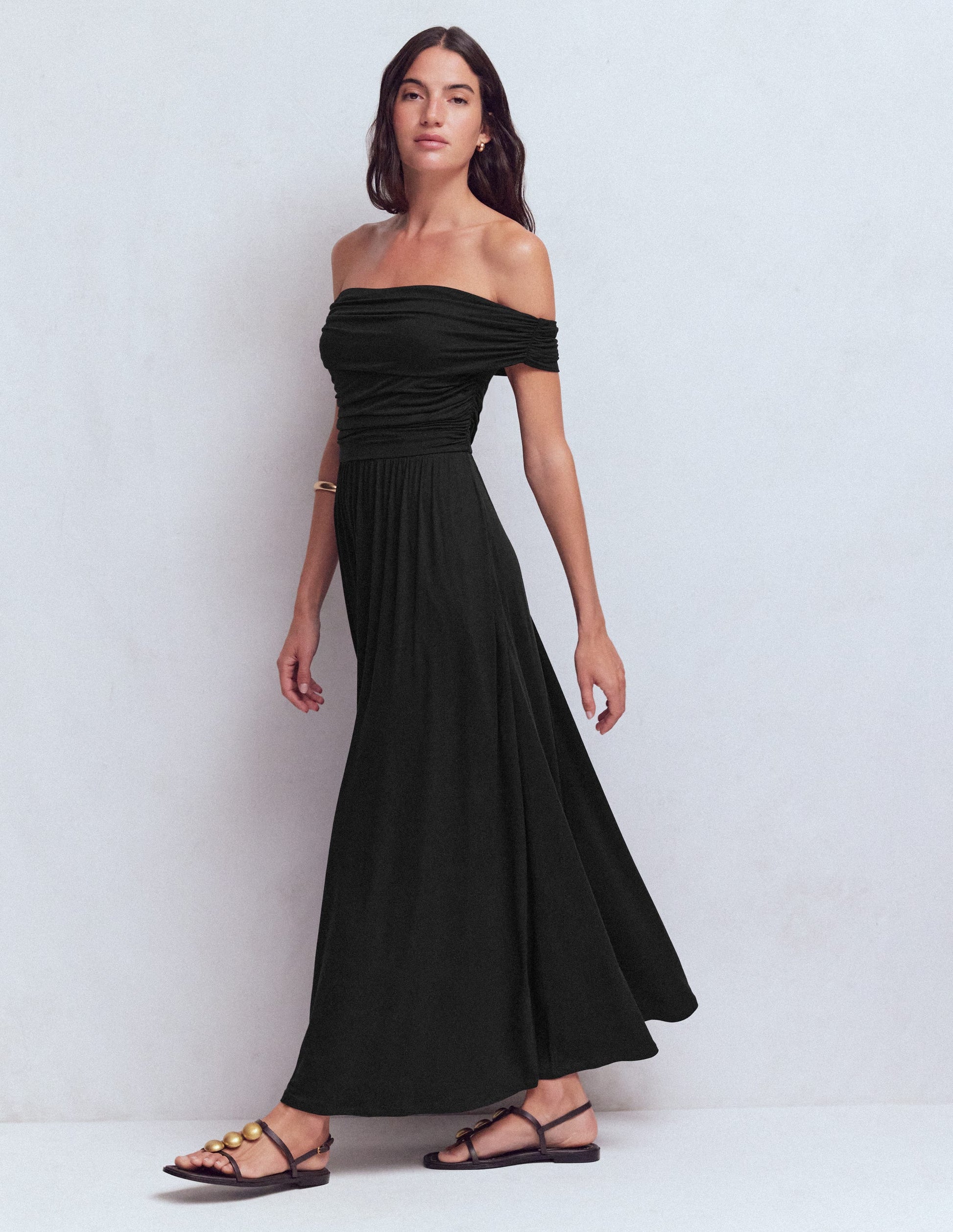 Ruched Bardot Jersey Dress-Black-5