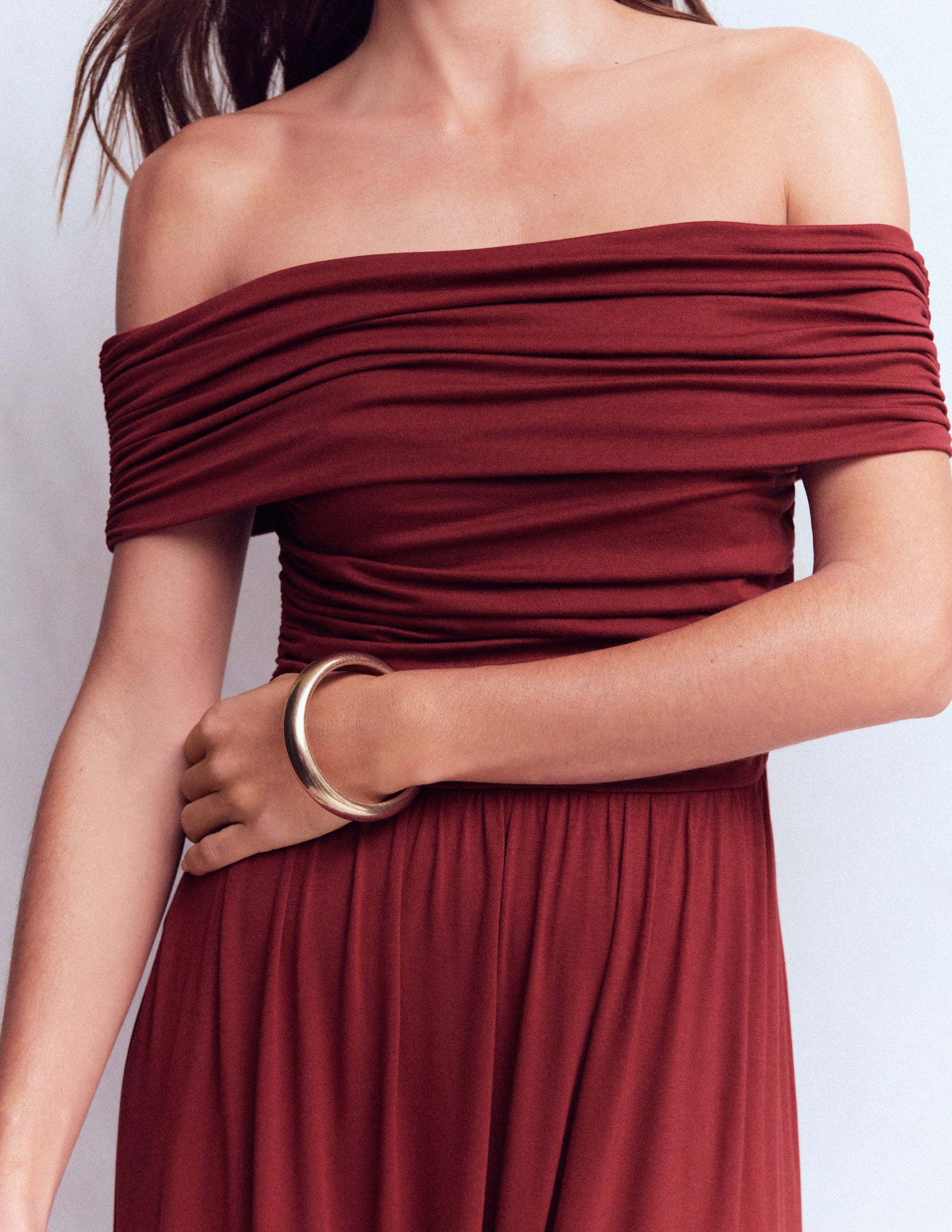 Ruched Bardot Jersey Dress-Burgundy-3