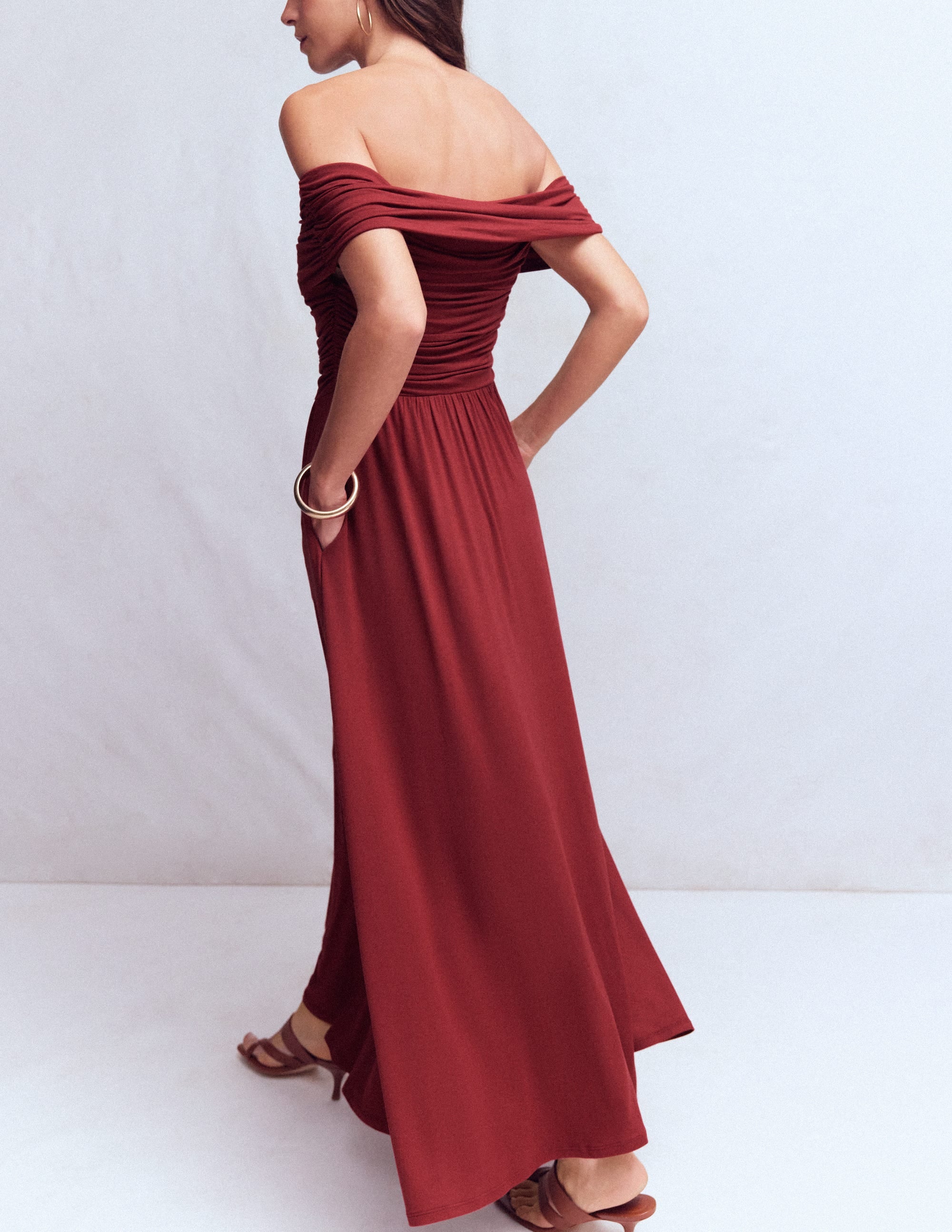 Ruched Bardot Maxi Dress-Burgundy - Image 4