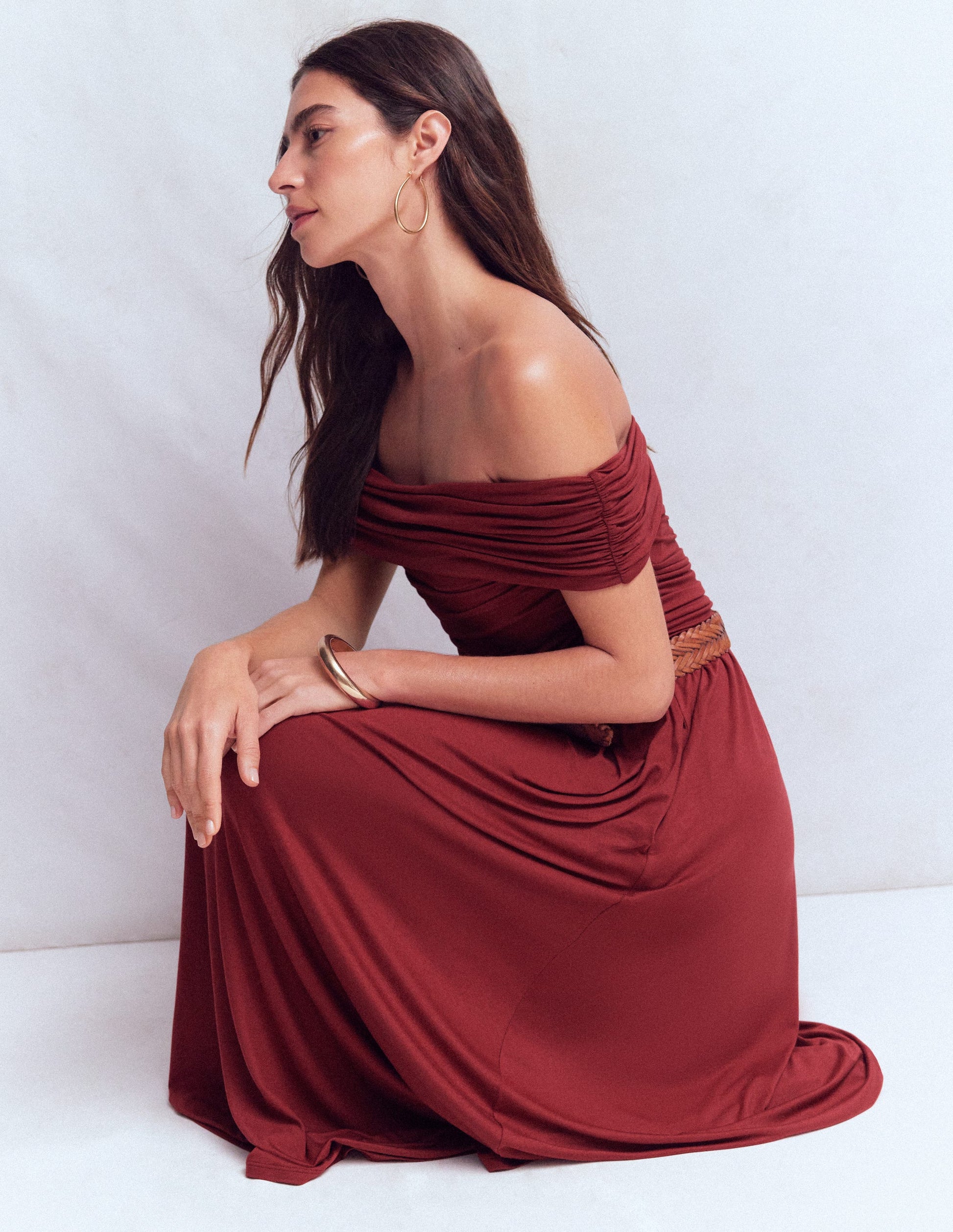 Ruched Bardot Jersey Dress-Burgundy-5