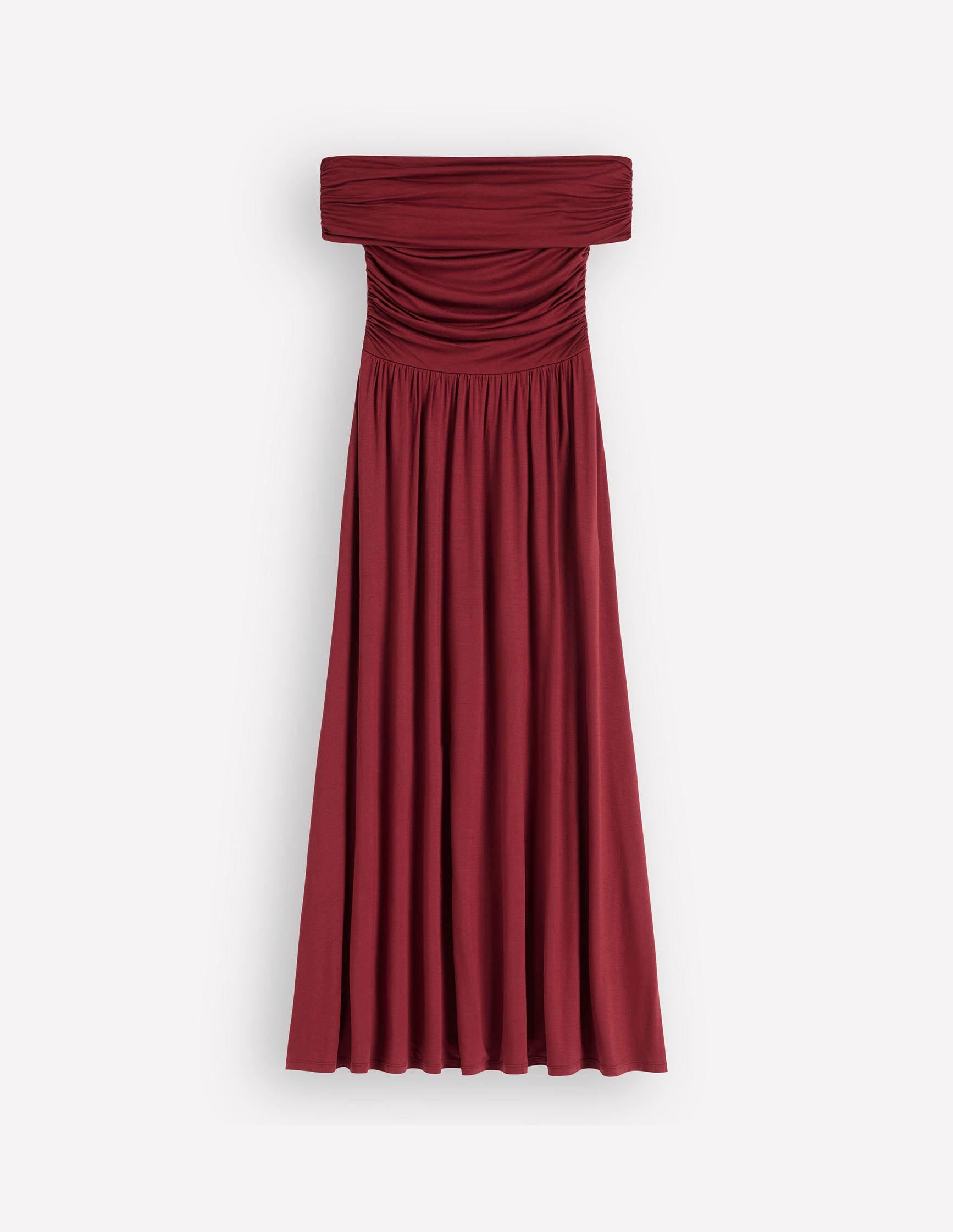 Ruched Bardot Jersey Dress-Burgundy-6