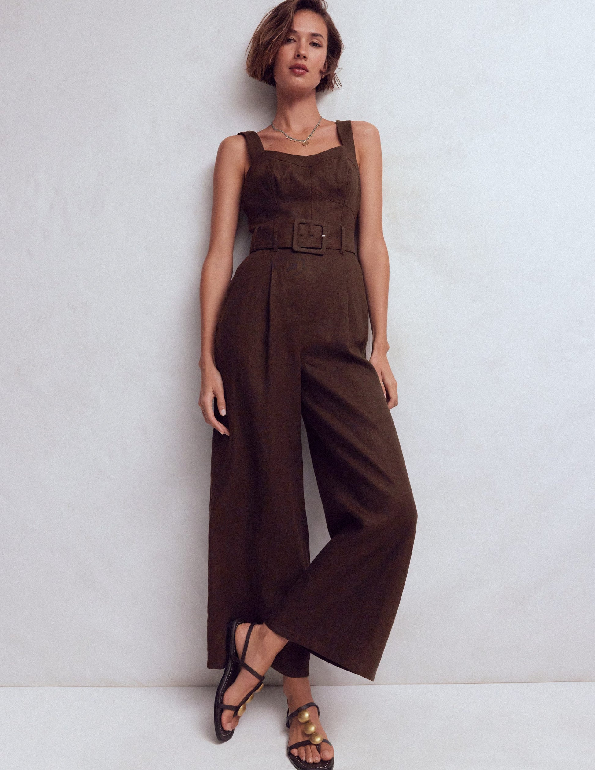 Panelled Bodice Linen Jumpsuit-Bitter Chocolate-1