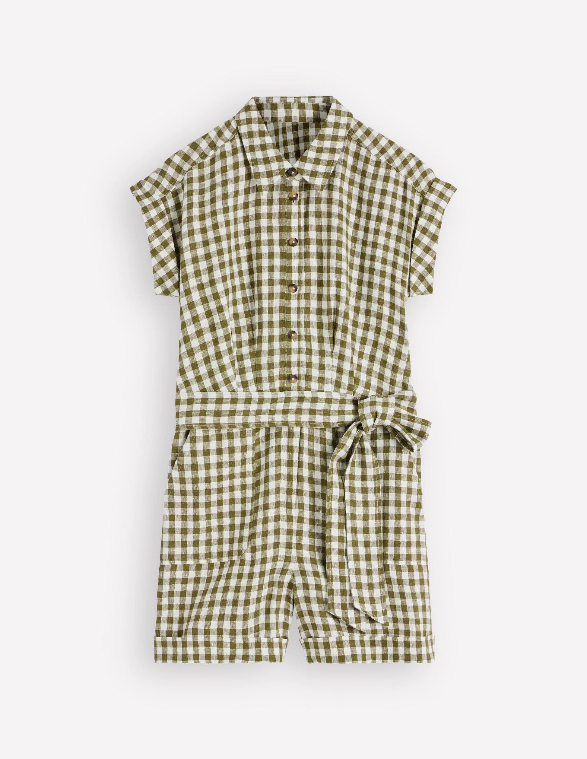Kay Linen Playsuit-Olive, Ivory Gingham-6
