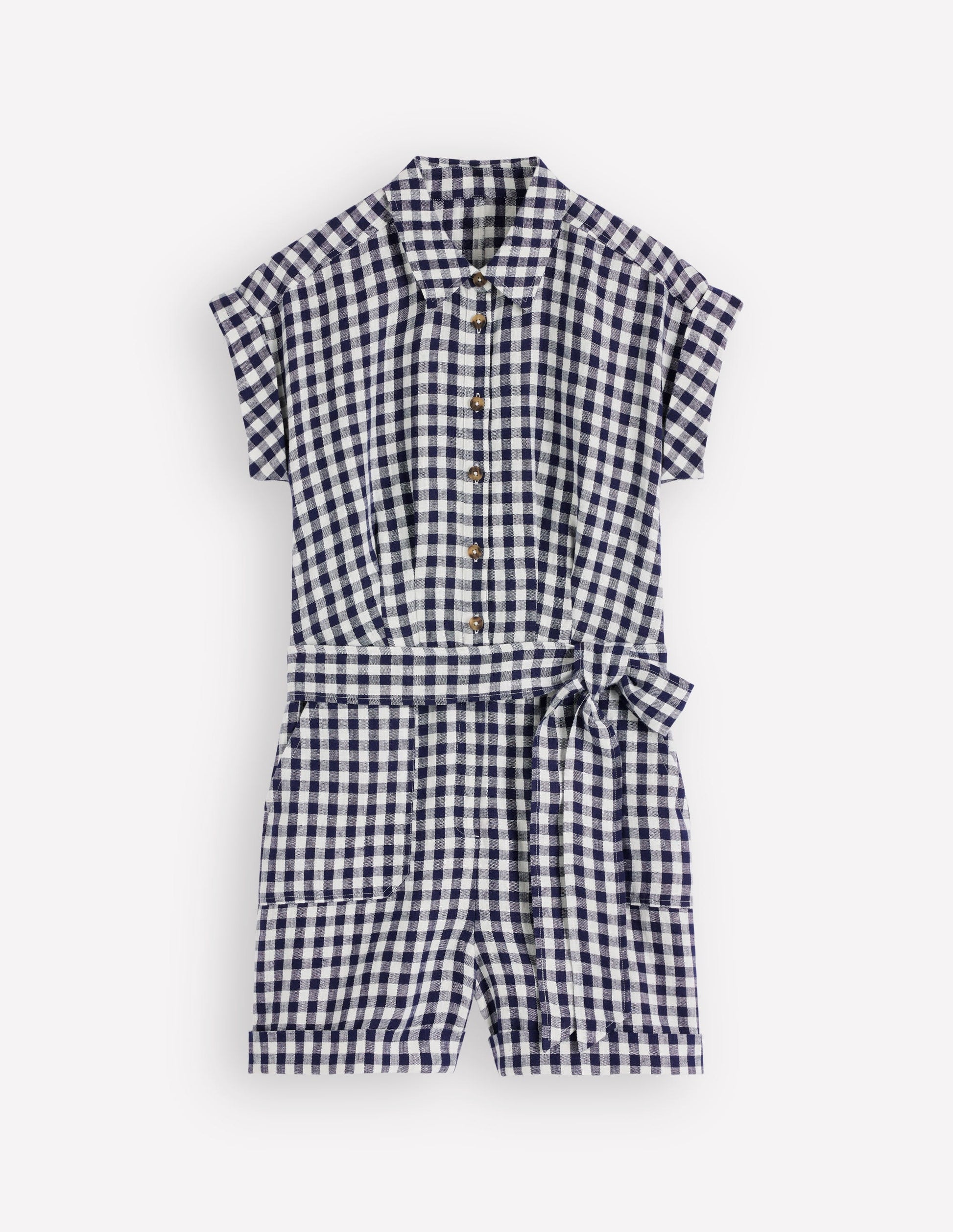 Kay Linen Playsuit-Navy, Ivory Gingham-6