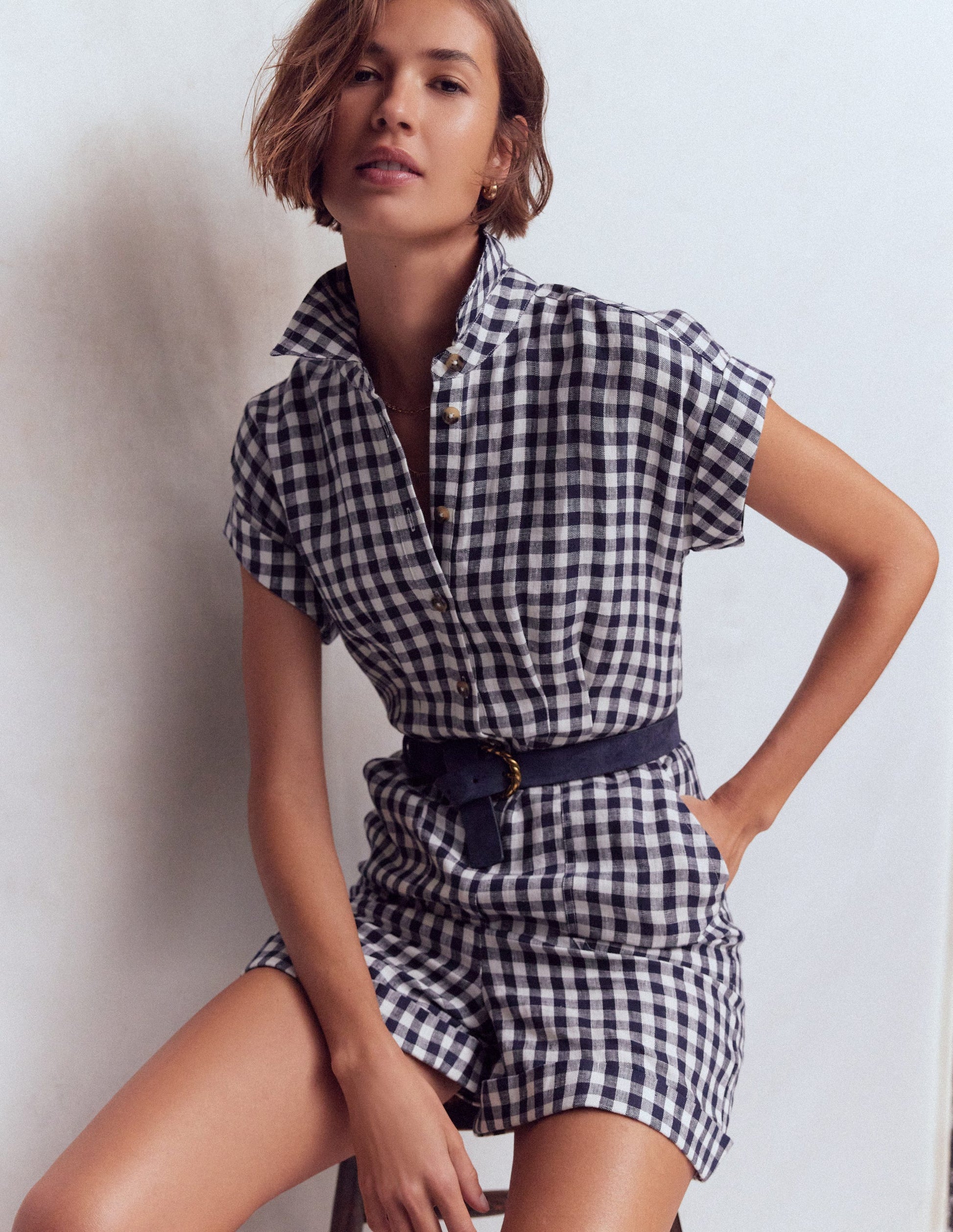 Kay Linen Playsuit - Navy, Ivory Gingham