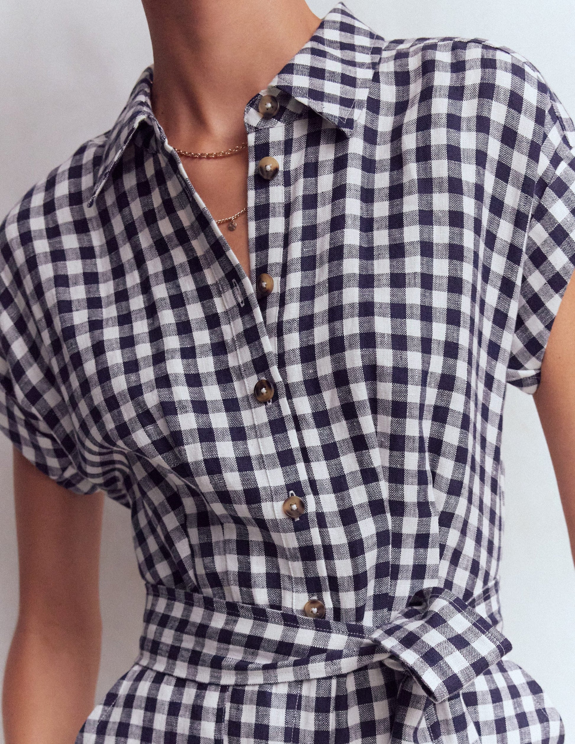 Kay Linen Playsuit-Navy, Ivory Gingham-2