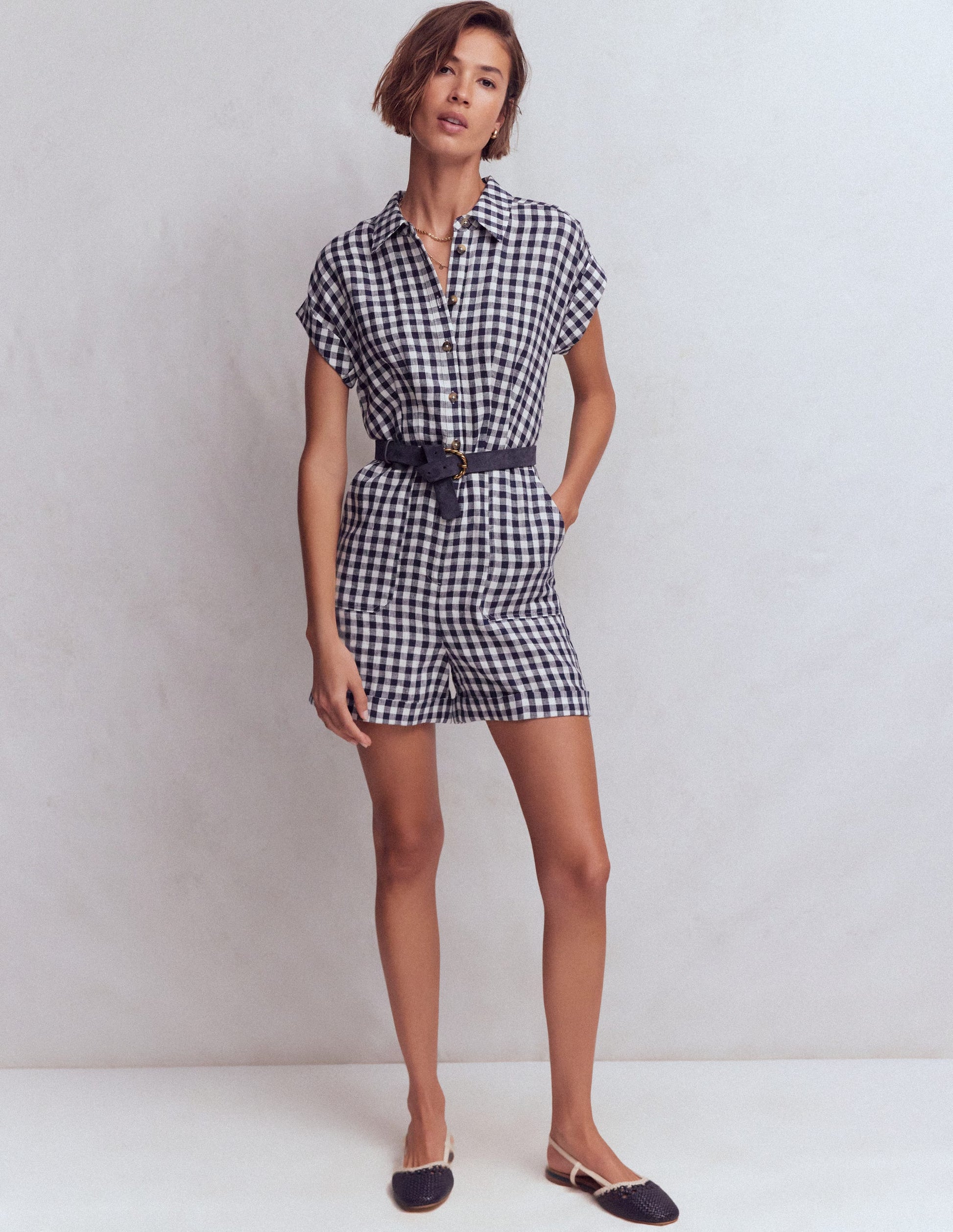 Kay Linen Playsuit-Navy, Ivory Gingham-4